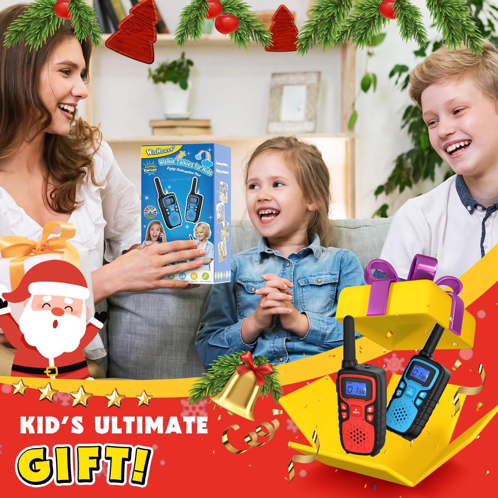Wishouse Rechargeable Walkie Talkies for Kids - Long Range 2-Way Radios with NOAA Weather Alert, SOS Siren & Flashlight - Perfect for Hiking, Camping & Outdoor Adventures - Christmas Birthday Gift for Boys Girls Ages 4-9 (2 Pack)