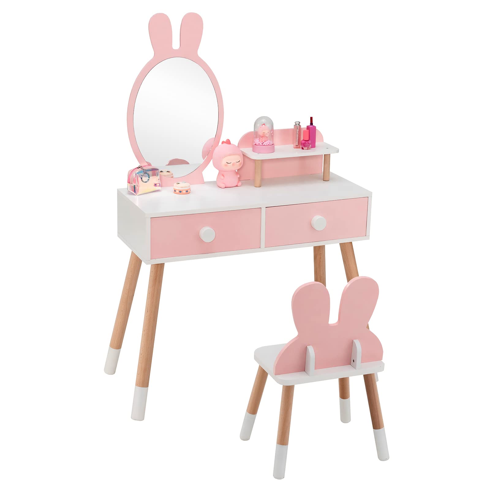 GLACER Kids Vanity Table and Chair Set for Girls - Pink Makeup Dressing Table with Removable Mirror, 2 Large Drawers & Storage Shelf | Sturdy Beech Wood Legs | Perfect for Toddlers Bedroom, Playroom & Birthday Gifts