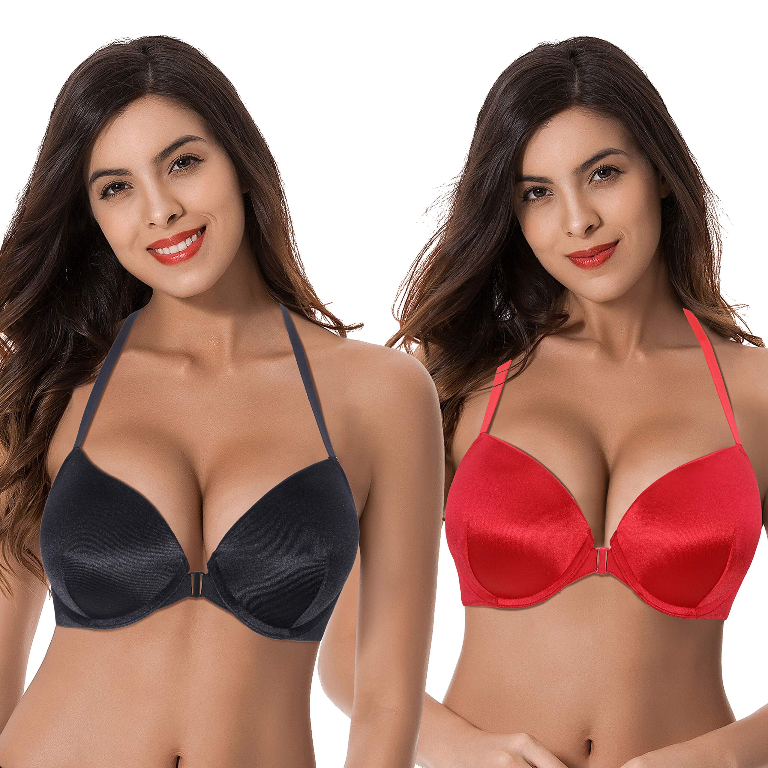 Curve Muse Women's Push Up Bra - Adds 1.5 Cup Sizes, Underwire, Front Closure Halter Bra for Enhanced Lift & Support | Perfect for Evening Wear, Date Nights & Special Occasions