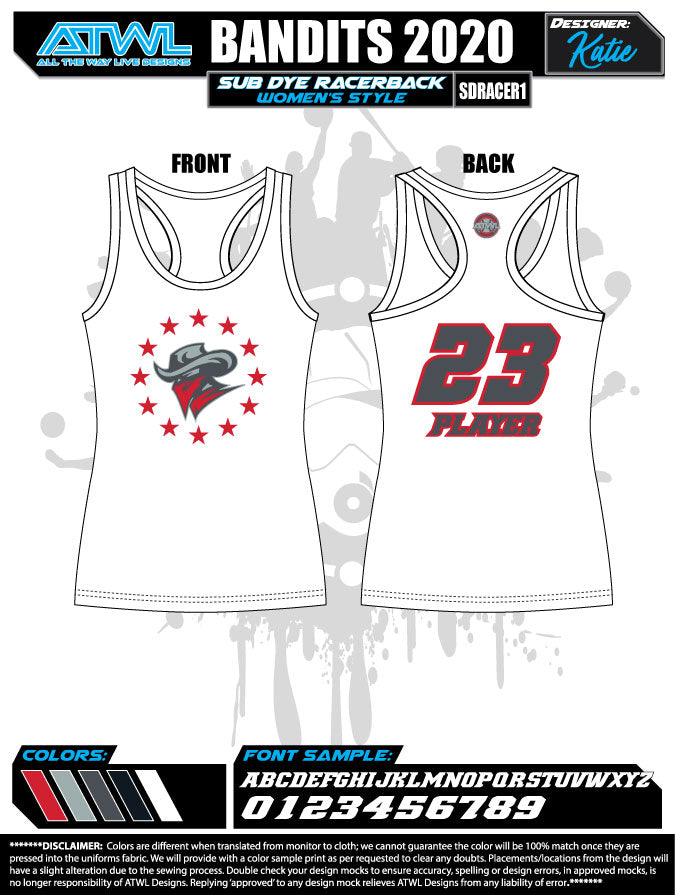 Bandits 9U 2020 Women's Sublimated Dye Softball Jerseys - Breathable & Moisture-Wicking for Tournaments & Team Sports