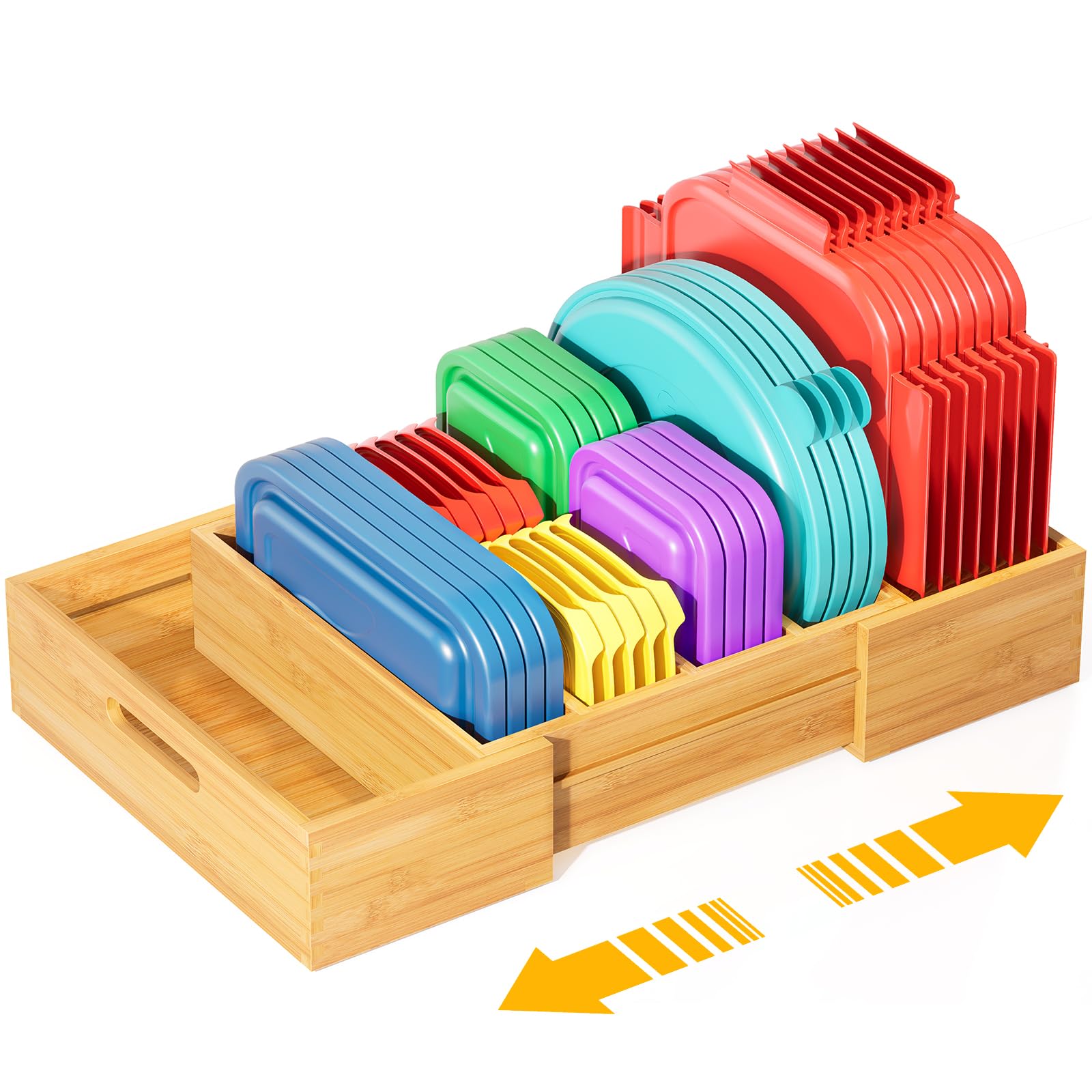 Expandable Bamboo Drawer Organizer for Kitchen Cabinets - Adjustable Lid Storage with 3 Dividers - Plastic Food Container & Tupperware Lid Holder - Perfect for Pantry Organization & Space Saving