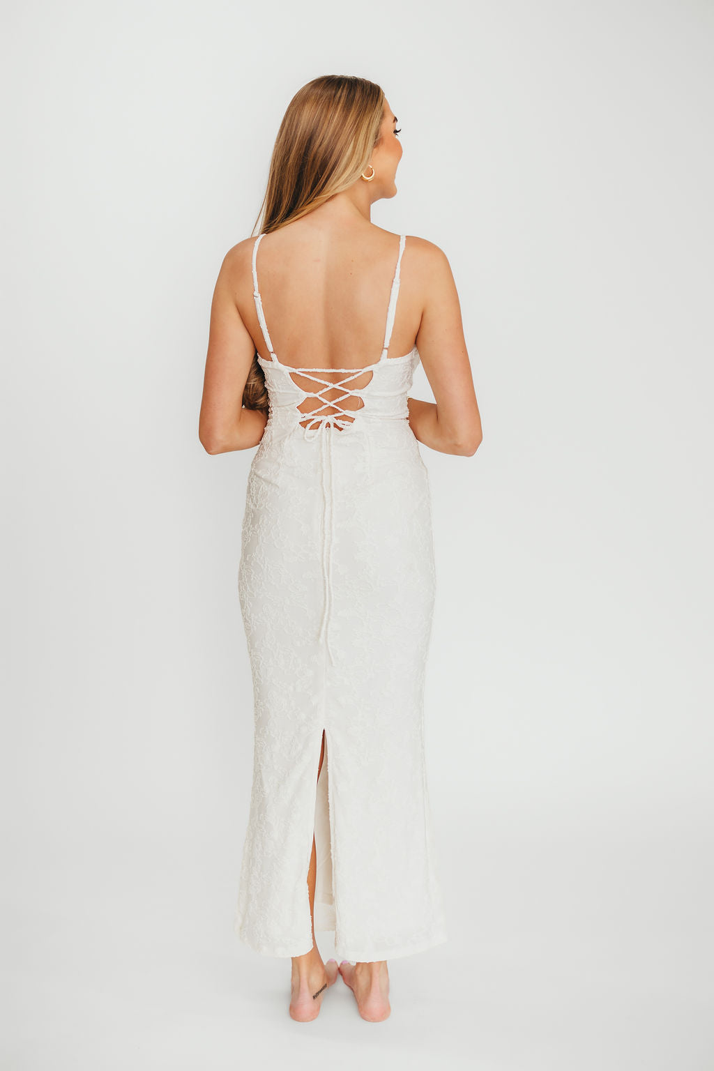 Amira Ruched Bustier Lace Up Back Maxi Dress in Ivory - Elegant Formal Gown for Weddings, Prom & Evening Events