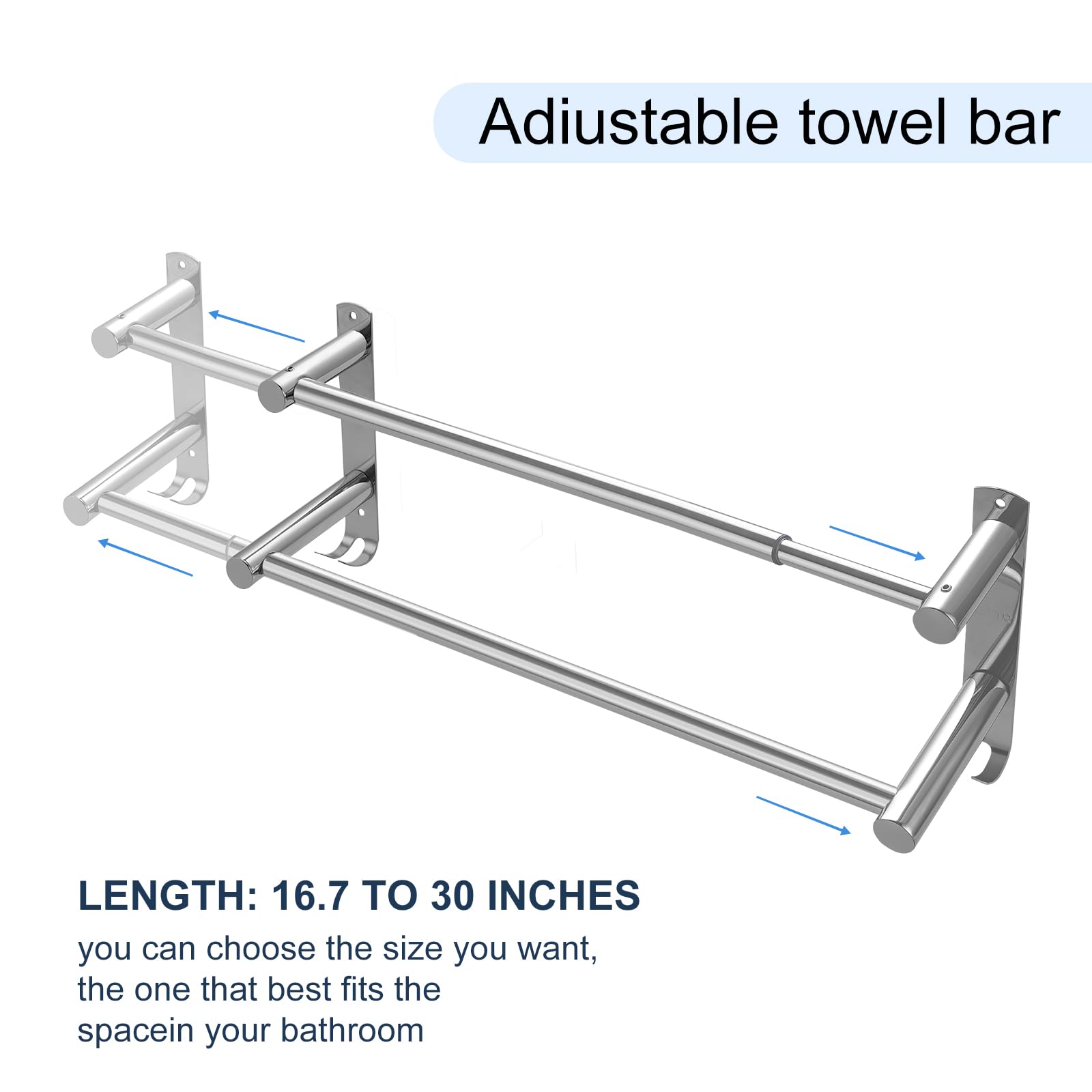 Stainless Steel Adjustable Double Towel Bar & Rack for Bathroom - 17-30 Inch Wall Mounted Towel Holder, Perfect for Bathrooms, Showers, and Spas