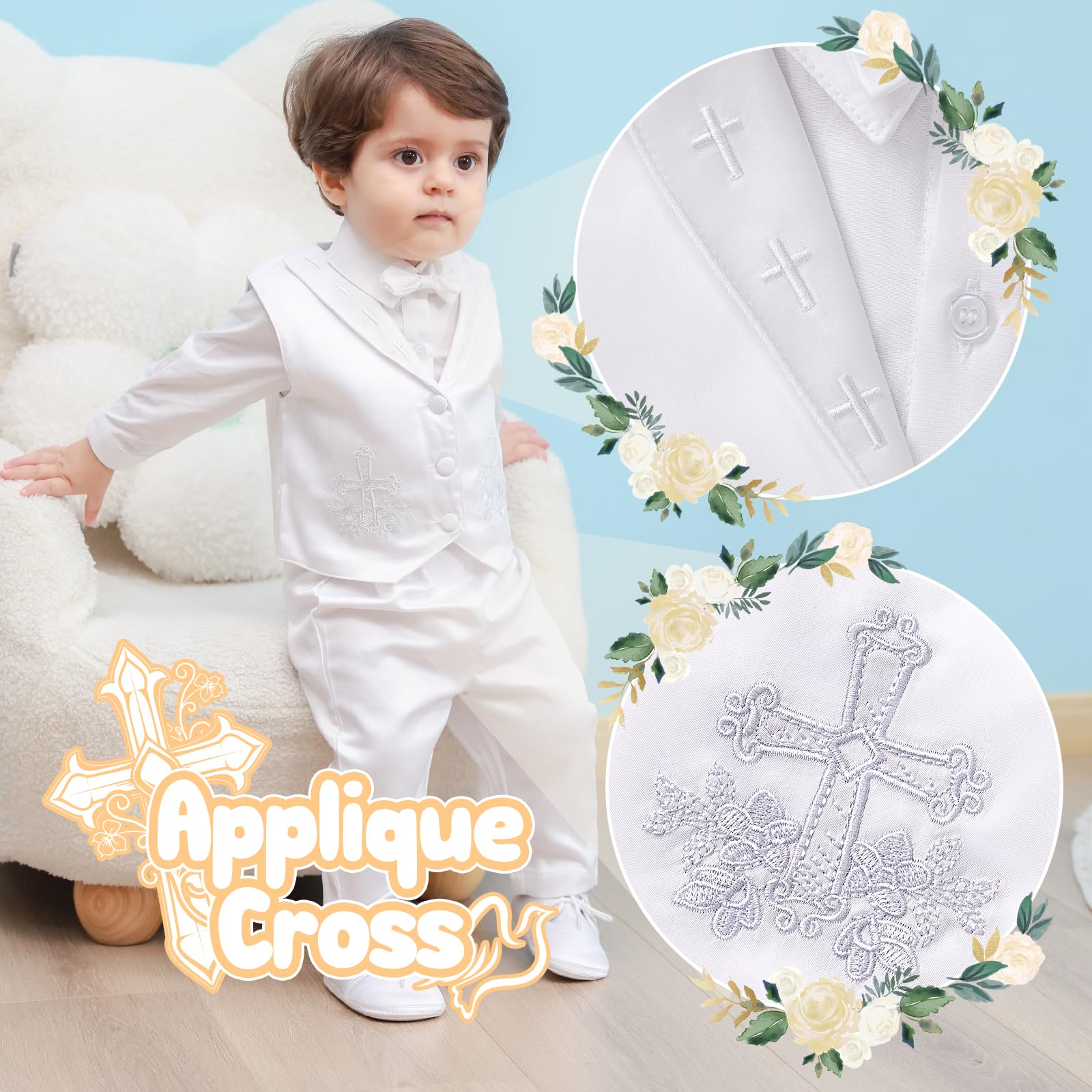 Booulfi Boys Baptism Outfits - Baby Christening Suit Set with White Dress Shirt & Pants - Perfect Christening Gift for Baby Boys - Ideal for Baptism, Christening Ceremonies & Special Occasions