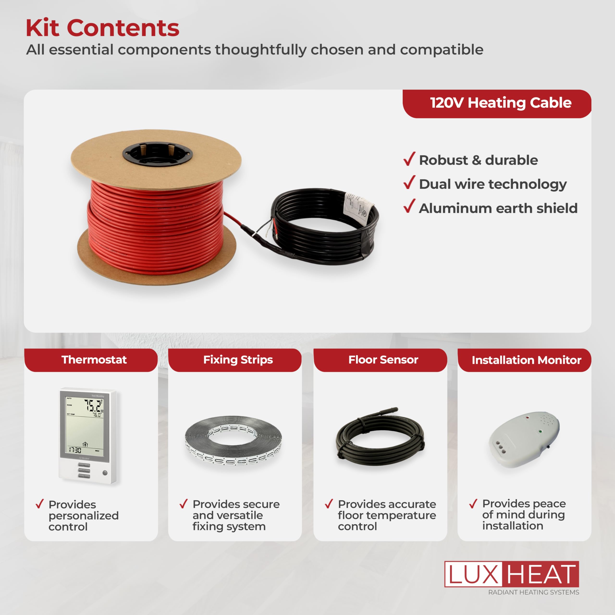 30sqft Electric Floor Heating Cable Kit - 120V Under Tile Heating System for Vinyl, Laminate & Hardwood Floors - Includes Smart Programmable Thermostat with GFCI, Heating Cable, Straps, Sensor & Alarm - Perfect for Bathroom, Kitchen & Basement Floor Warming