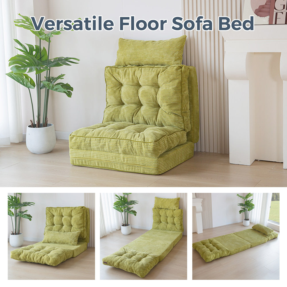 MAXYOYO Tufted Bean Bag Sofa Bed - Foldable Floor Couch with Pillows in Green | Comfortable Lounge Chair for Living Room, Bedroom & Game Room