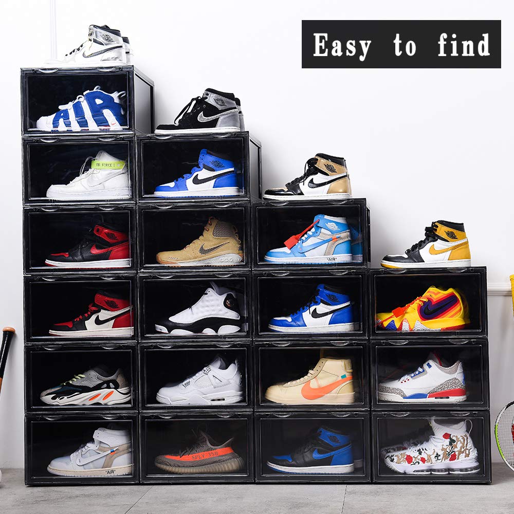 K.T.Z Clear Plastic Shoe Boxes with Magnetic Side Opening - Stackable Shoe Storage Containers (D Style Black, 2 Pack) | Perfect for Closet Organization & Sneaker Display