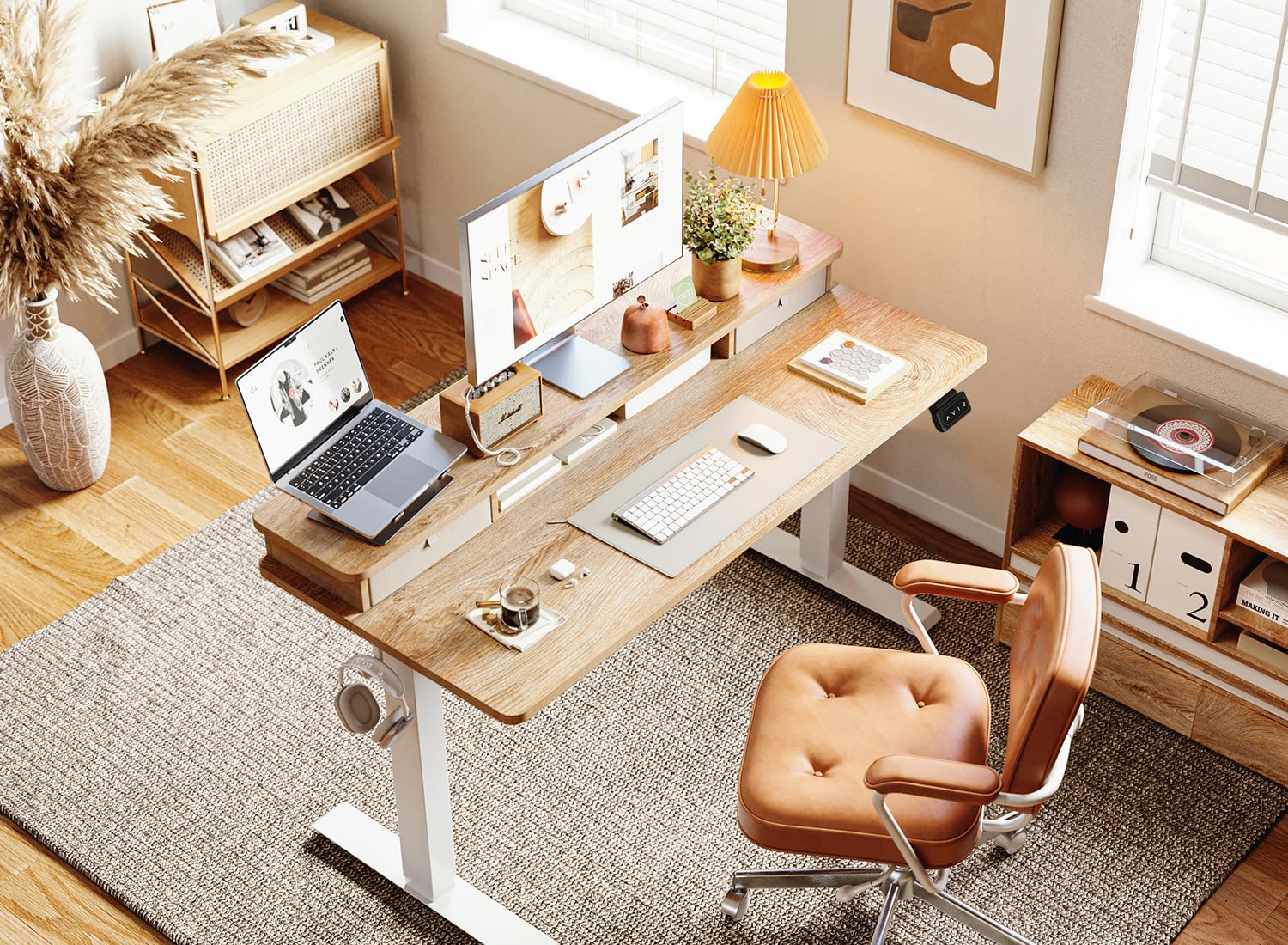 BANTI 40x24 Inches Adjustable Height Standing Desk with Drawers & Storage Shelf - Ergonomic Sit Stand Home Office Desk (White Frame/Maple Top) for Small Spaces & Remote Work