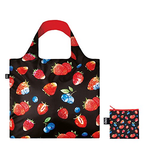 LOQI Juicy Strawberries Reusable Shopping Bag - Eco-Friendly Foldable Grocery Tote with Vibrant Strawberry Print - Perfect for Grocery Shopping, Farmers Market & Travel