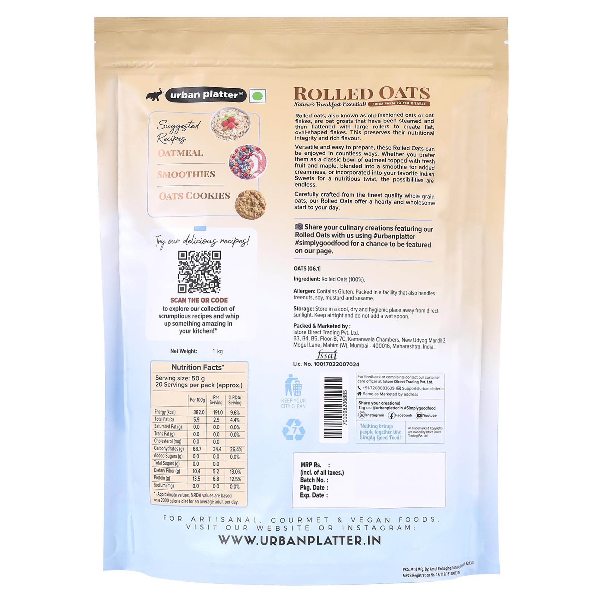 Organic Rolled Oats 1kg - High Fiber, Gluten Free, Non-GMO Breakfast Cereal - Perfect for Oatmeal, Smoothies & Baking - Healthy Whole Grain for Weight Loss & Heart Health