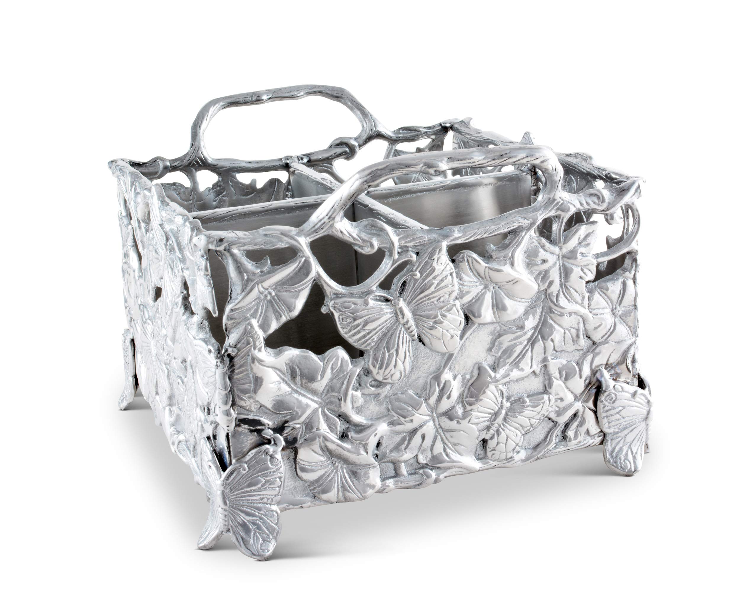 Arthur Court Designs Aluminum Metal Butterfly Silverware Holder - 8 Inch Square, 7 Inch Tall - Perfect for Dining Table, Kitchen Counter, and Party Serving Utensil Organizer