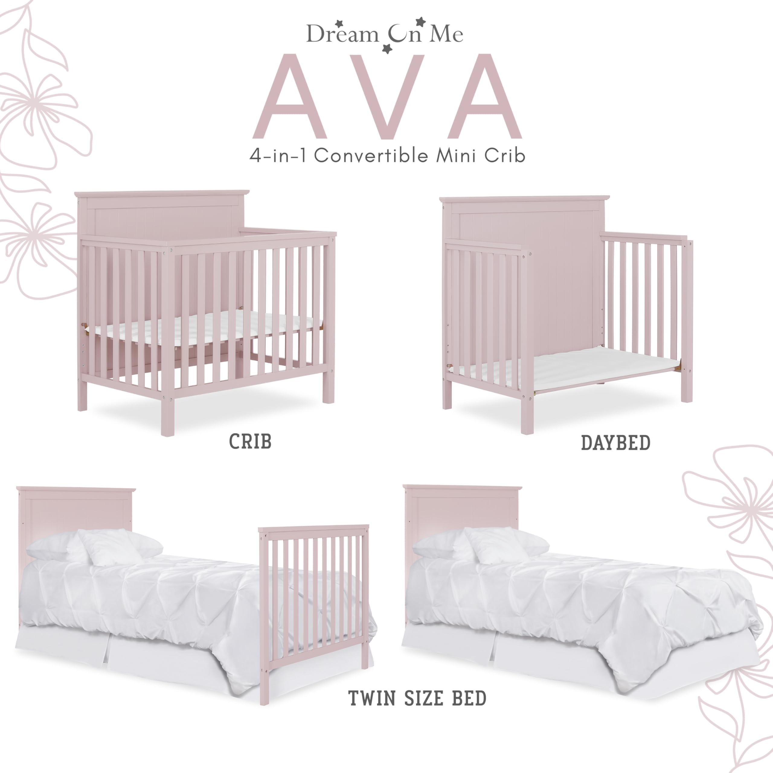 Dream On Me Ava 4-in-1 Convertible Mini Crib - Blush Pink | Greenguard Gold Certified & Non-Toxic Finish | Includes 1
