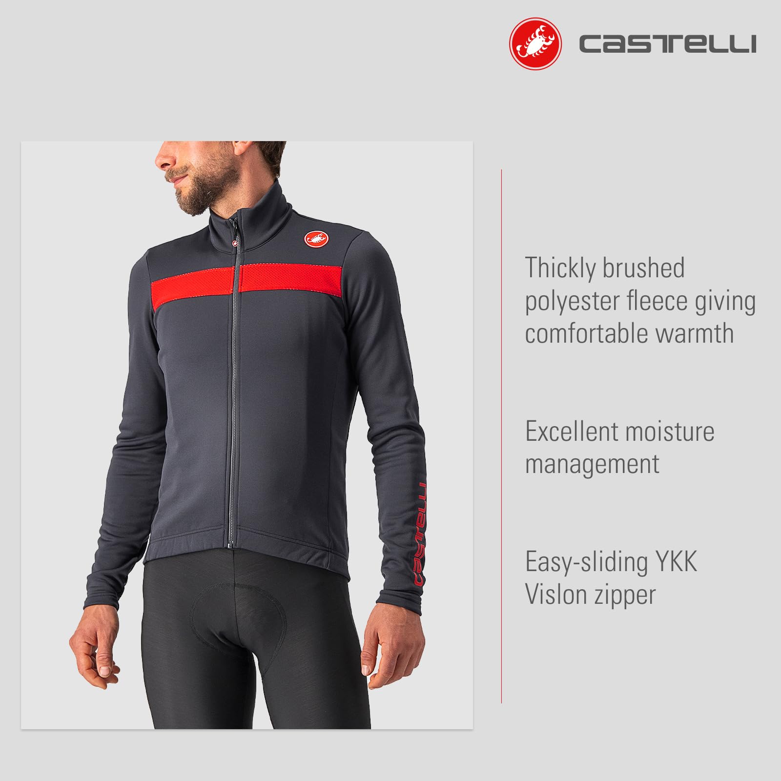 Castelli Men's Puro 3 Jersey FZ - Fleece Insulated Long Sleeve Cycling Jacket with High Collar & Full Zip for Road & Gravel Biking | Cold Weather Training & Outdoor Riding Gear
