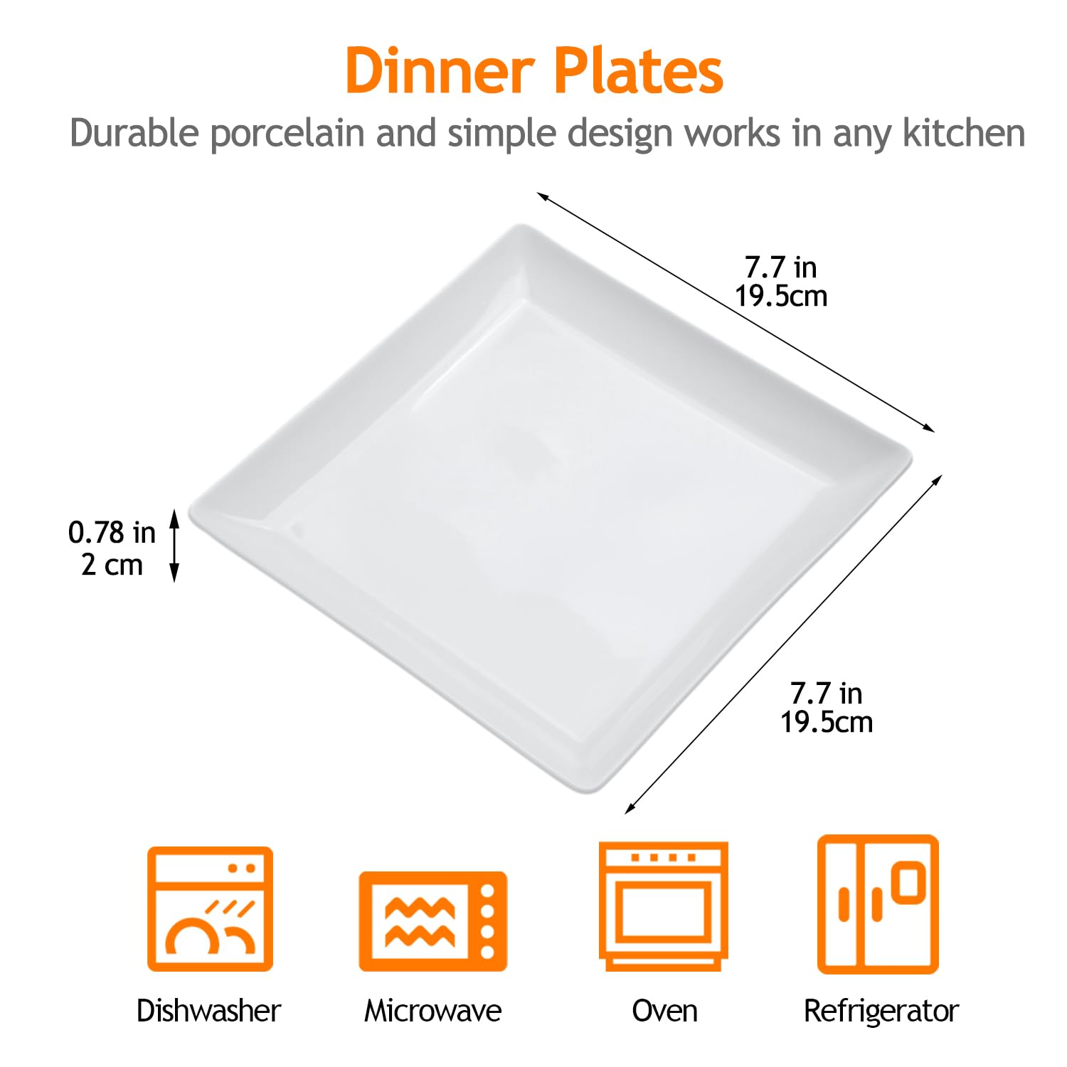 Premium 7.7 Inch Square Ceramic Dinner Plates - Set of 4 for Steak, Pasta, Salad, Snacks, Dessert & Appetizers | Elegant Square Serving Dishes for Restaurants, Dinner Parties & Home Entertaining
