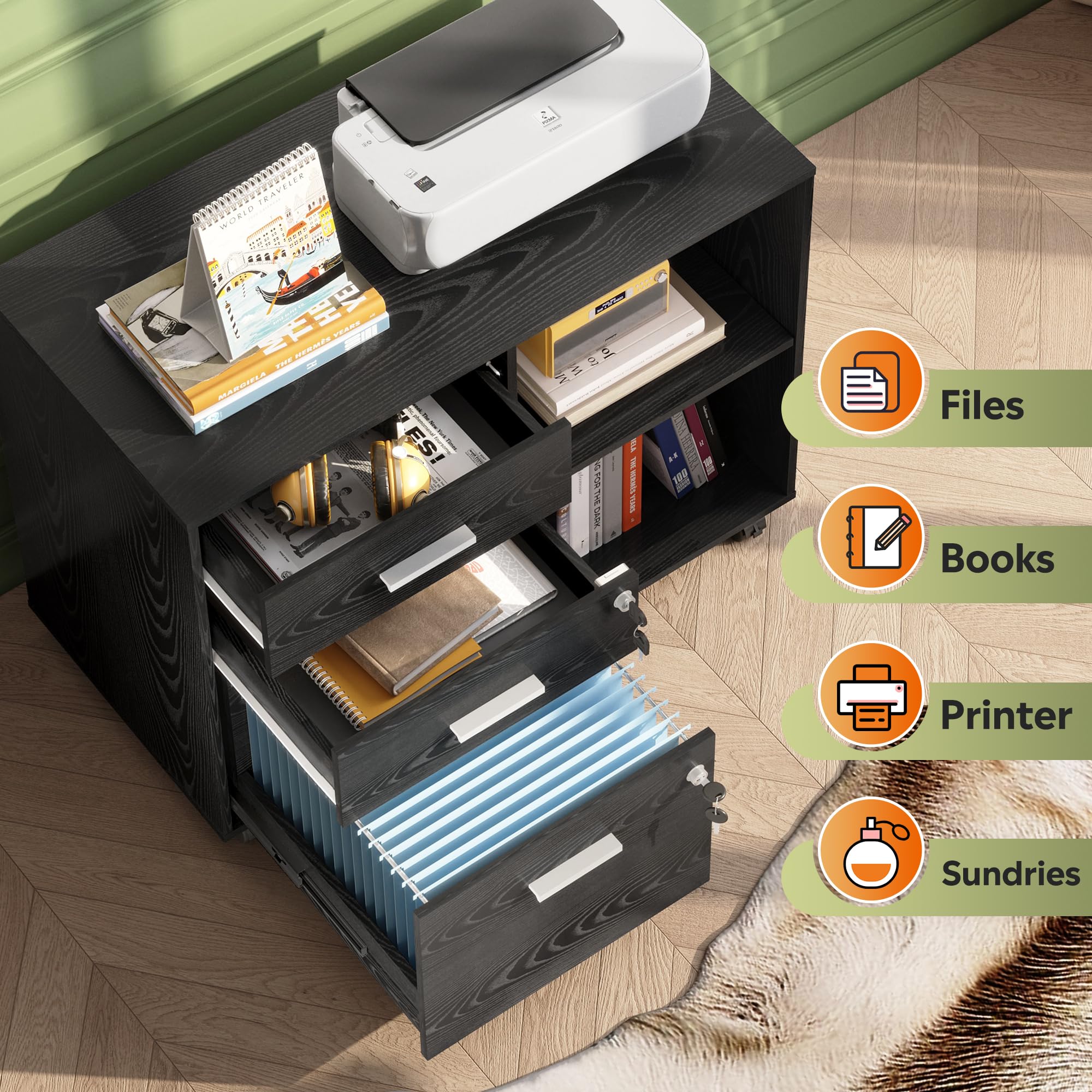 DEVAISE 3-Drawer Wood File Cabinet with Lock - Mobile Lateral Filing Cabinet & Printer Stand with Open Storage Shelves for Home Office - Black - Perfect for Organizing Documents, Office Supplies & Printer in Small Spaces