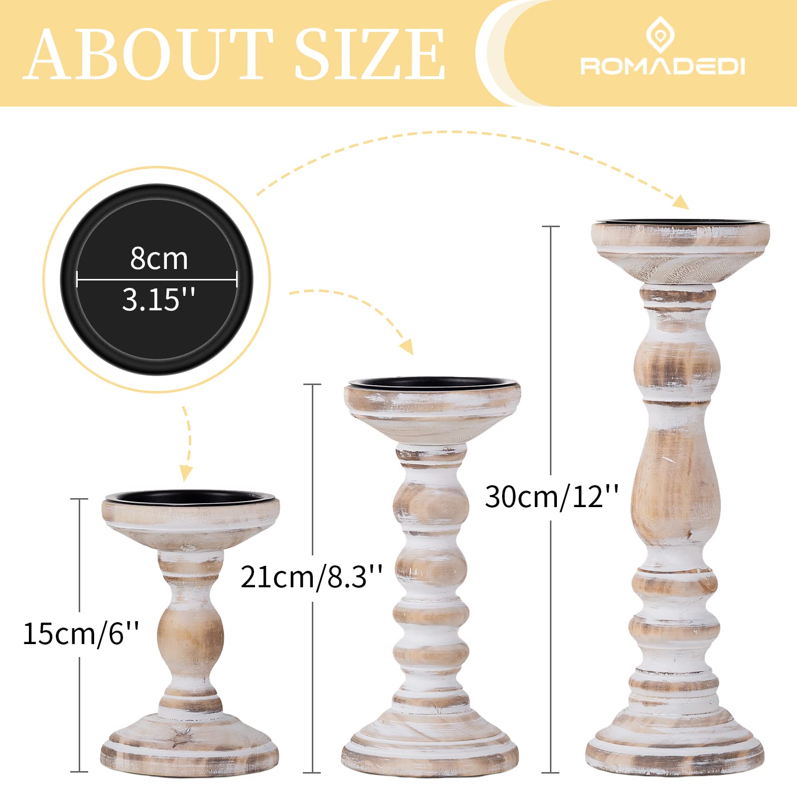 Romadedi Set of 3 Wooden Candle Holders for Pillar Candles - Rustic Farmhouse Style Candlestick Stand (6”, 8.3”, 12”) - Whitewashed Wood Candle Stand for Fireplace, Mantle, End Table, Shelf - Perfect for Home Decor, Wedding Centerpieces & Cozy Ambiance