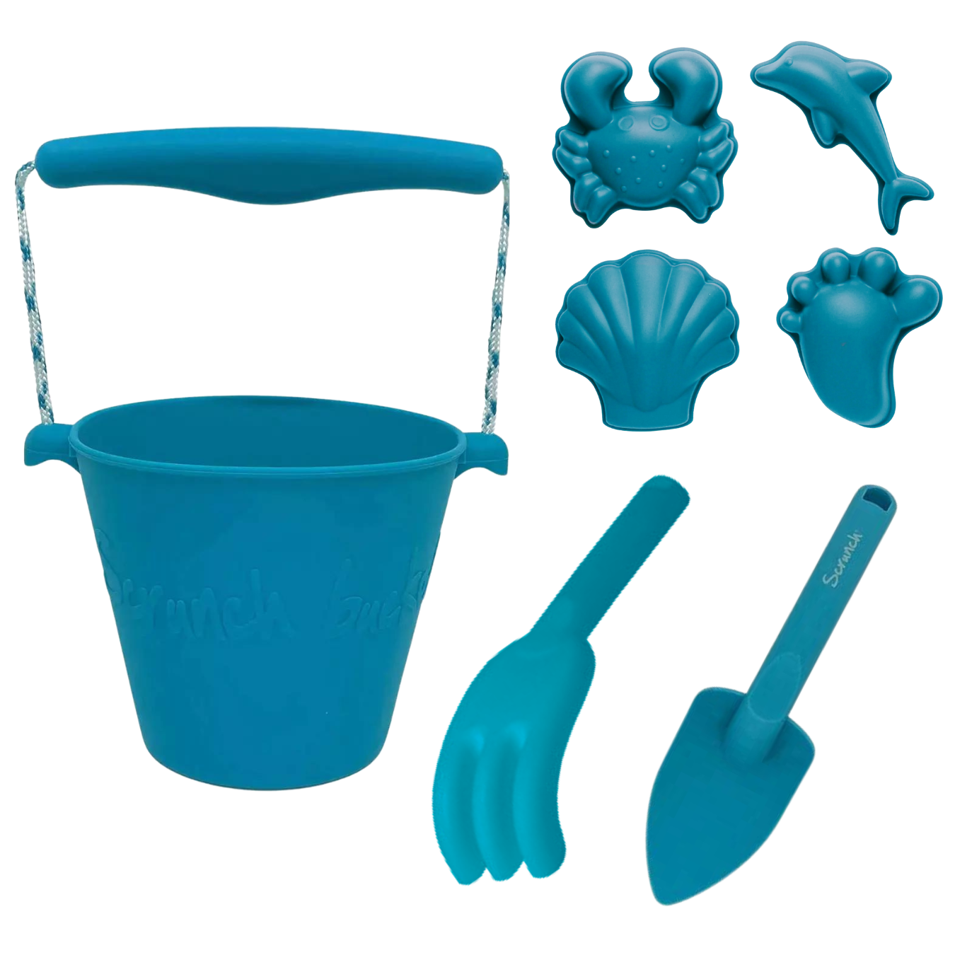 Premium Scrunch Beach Bundle with Bucket, Spade, Rake & Molds - Durable Sand Toys for Kids - Perfect for Beach Vacations, Sandcastles & Outdoor Play (Petrol Color)