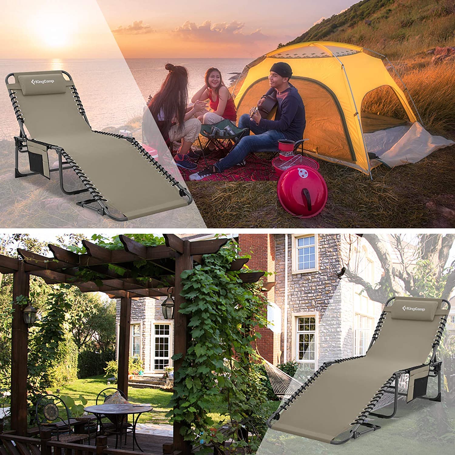 KingCamp Foldable Chaise Lounge Chair - Heavy Duty Portable Outdoor Sun Chair for Camping, Beach, Pool, Garden & Patio - Adjustable Recliner with Pillow, Lightweight for Easy Transport - Perfect for Sunbathing, Relaxing in Backyard or Travel