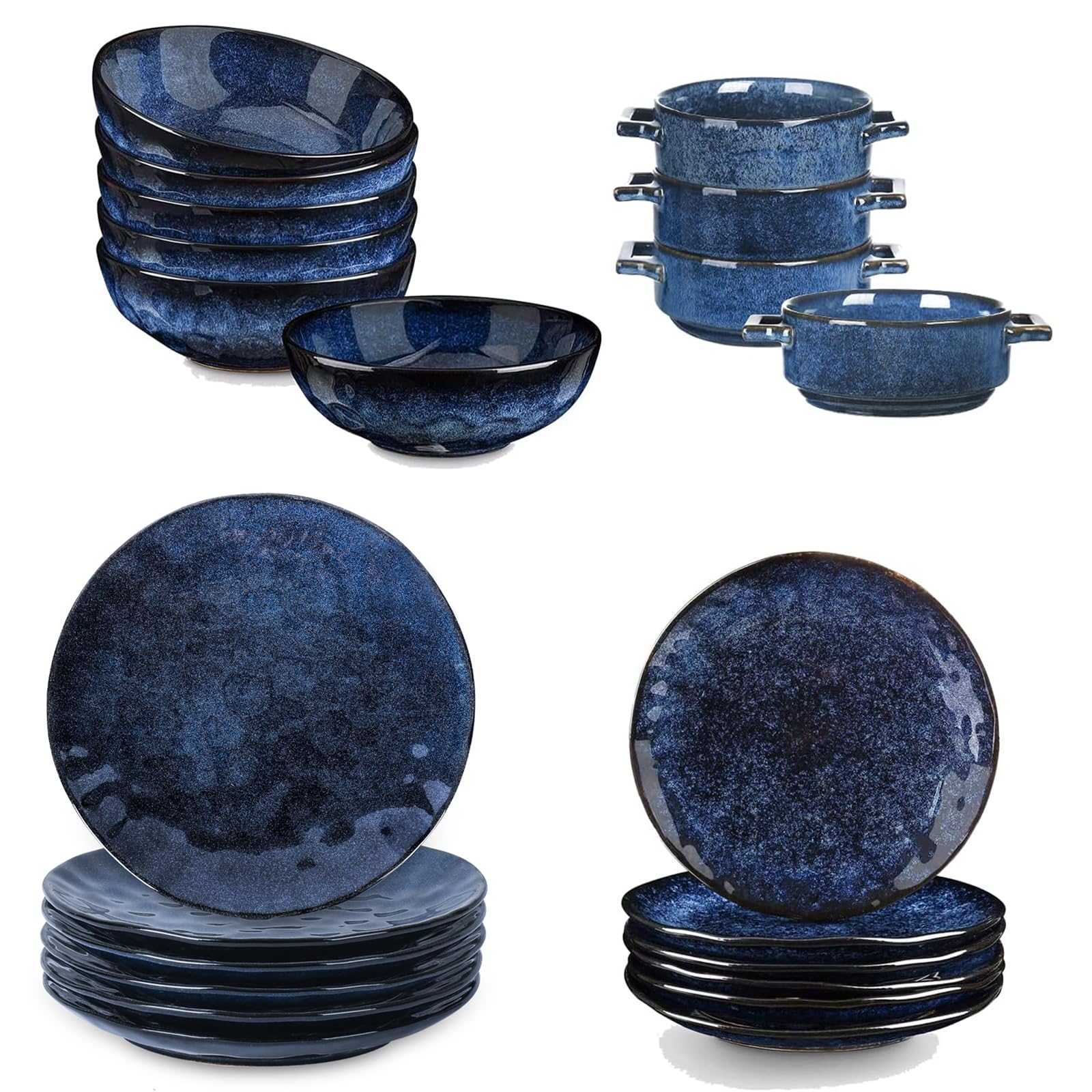 VICRAYS 22-Piece Ceramic Dinnerware Set - Microwave & Dishwasher Safe Plates, Bowls - Scratch Resistant Blue Tableware for Home, Party, Restaurant - Perfect for Daily Meals, Family Gatherings & Dinner Parties