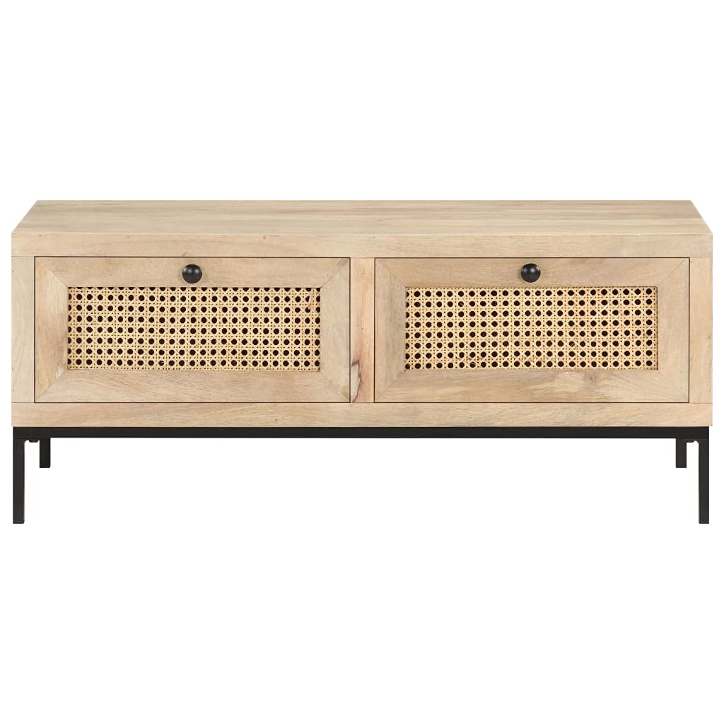 Industrial Style Coffee Table - Solid Mango Wood & Natural Cane Center Table with Storage, 35.4