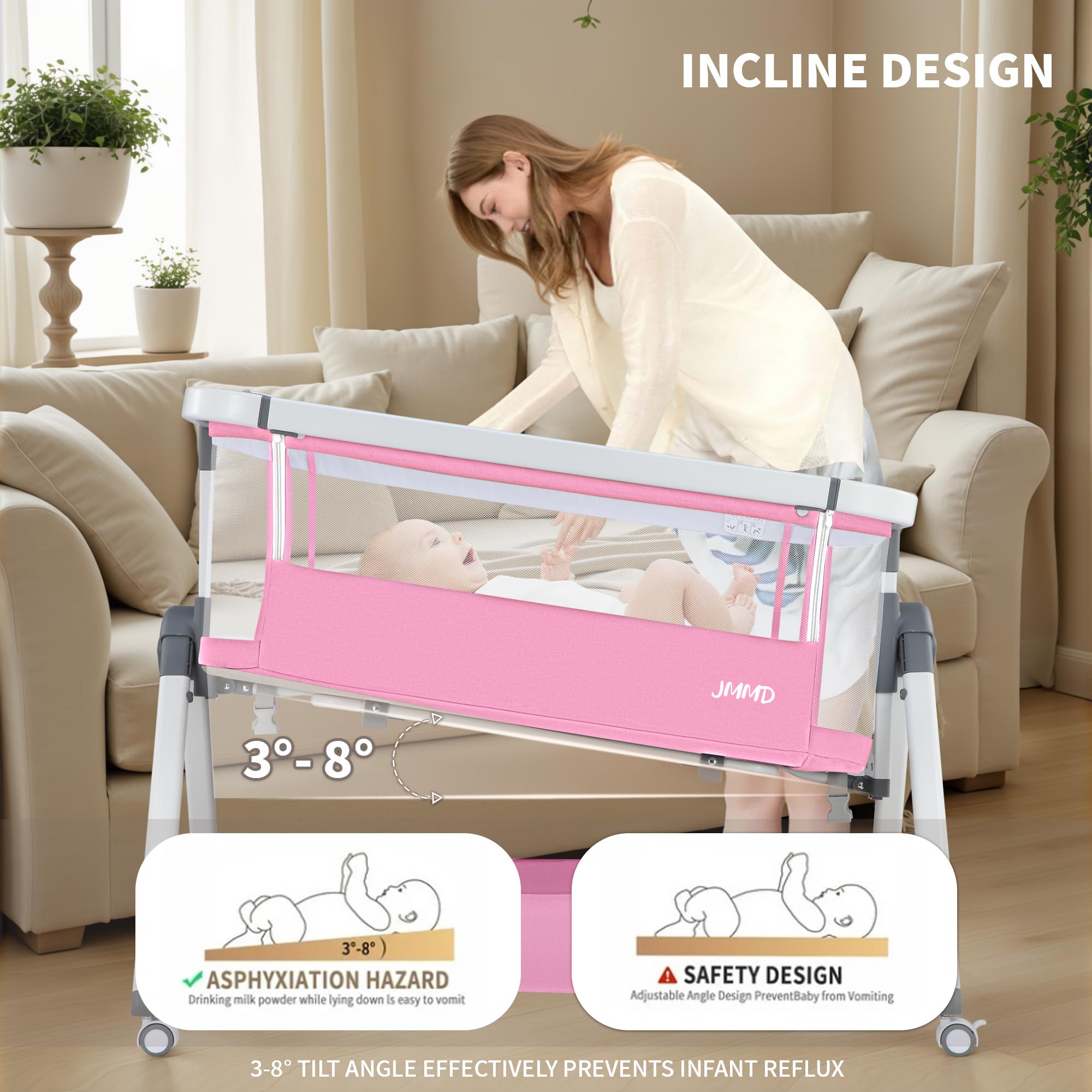JMMD 3-in-1 Adjustable Baby Bassinet Bedside Sleeper - 6 Height Levels, Foldable & Portable Crib for Newborns & Infants (Pink) | Perfect for Nursery, Bedroom Co-Sleeping & Travel
