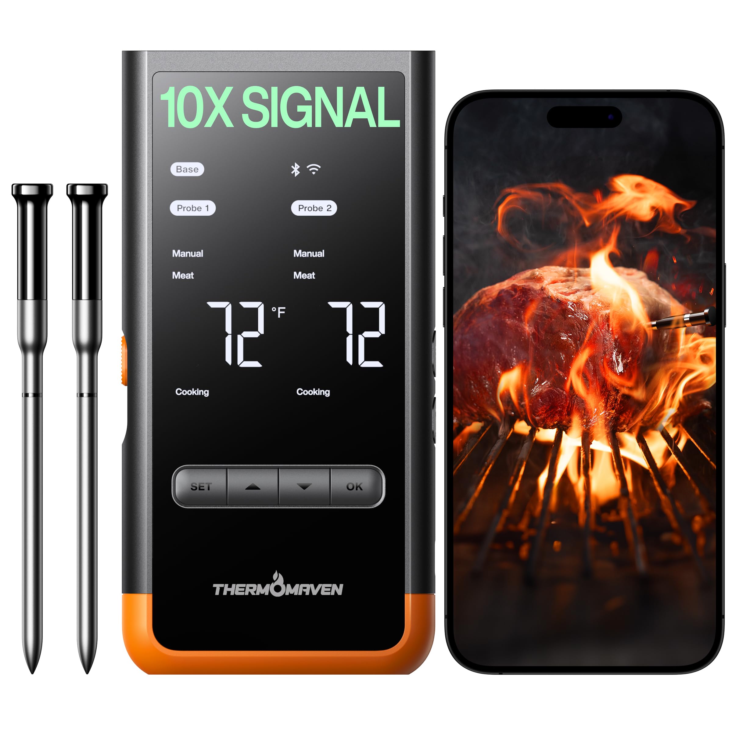 Wireless Bluetooth Smart Meat Thermometer with 6 Sensors - NIST Certified Accuracy, 2 Probes, WiFi & Sub-1G Connectivity for BBQ, Grill, Oven, Smoker, Rotisserie | Perfect for Outdoor Cooking, Home Kitchen & Professional Chefs
