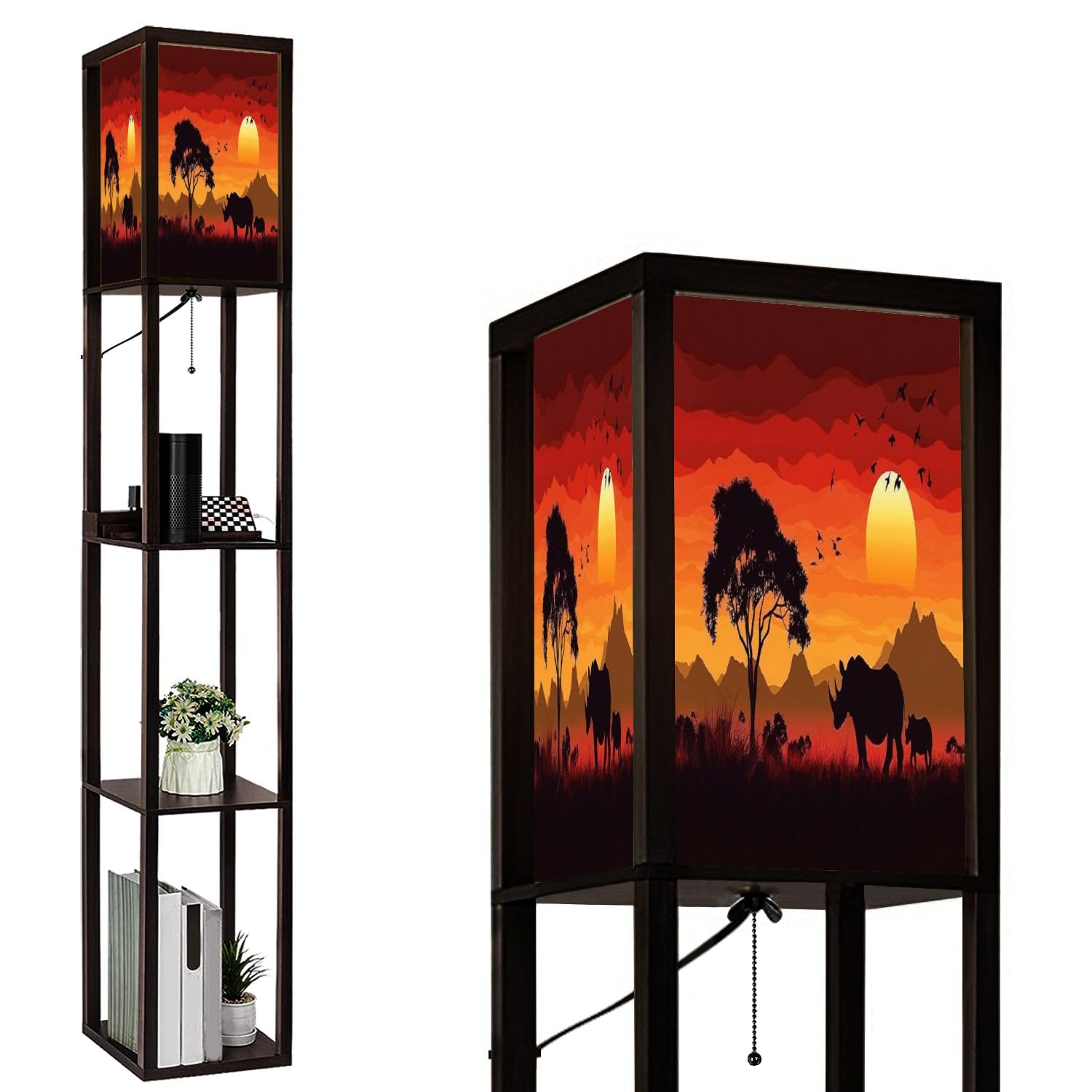 Modern Floor Lamp with Shelves - Silhouette Wild Sunset Animal Design, USB Ports & Power Outlet, Tall Standing Corner Lamp for Living Room & Bedroom | Perfect Nightstand Light for Reading & Relaxing