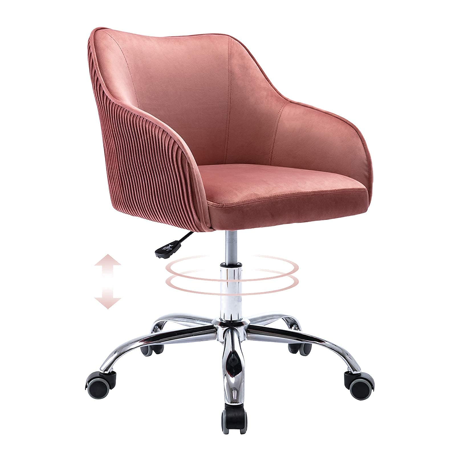 Cute Pink Velvet Desk Chair with Wheels and Arms for Teen Girls - Ergonomic Swivel Rolling Task Chair for Home Office, Bedroom, Makeup Vanity - Comfy Computer Chair for Studying, Working, Gaming & Relaxing