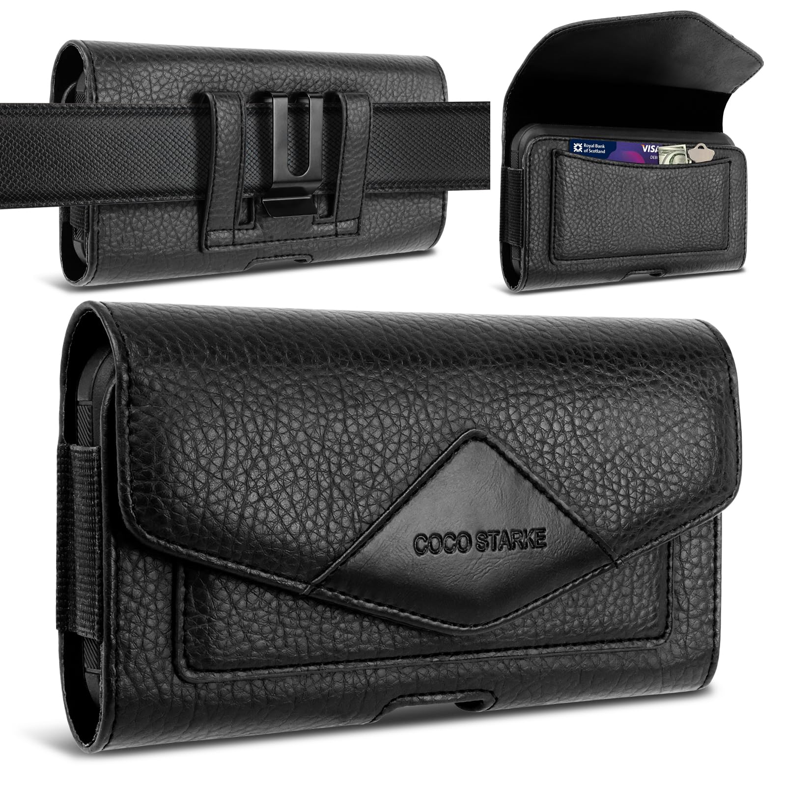 Leather Phone Holster Belt Loop Pouch for iPhone 14 13 12 Pro Max & Samsung Galaxy - Black Men's Waist Wallet Holder for Carrying Smartphones - Perfect for Outdoor Work, Hiking, and Hands-Free Convenience