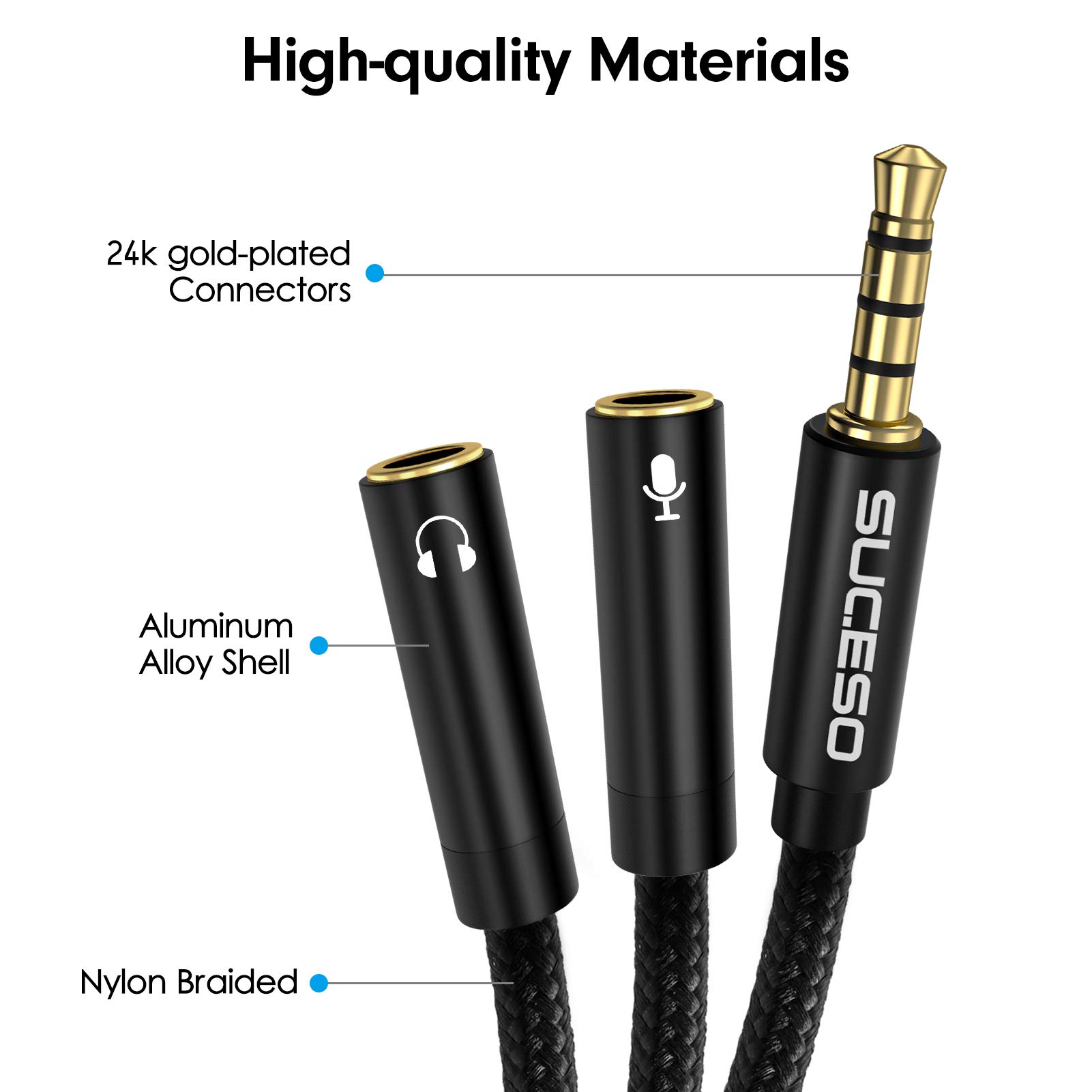 SUCESO 3.5mm Male to Dual Female Audio Splitter Cable - 35cm Headphone & Mic Y Adapter for Gaming, PC, PS4, Xbox One, Phone, Tablet | Perfect for Multiplayer Gaming, Streaming & Conference Calls