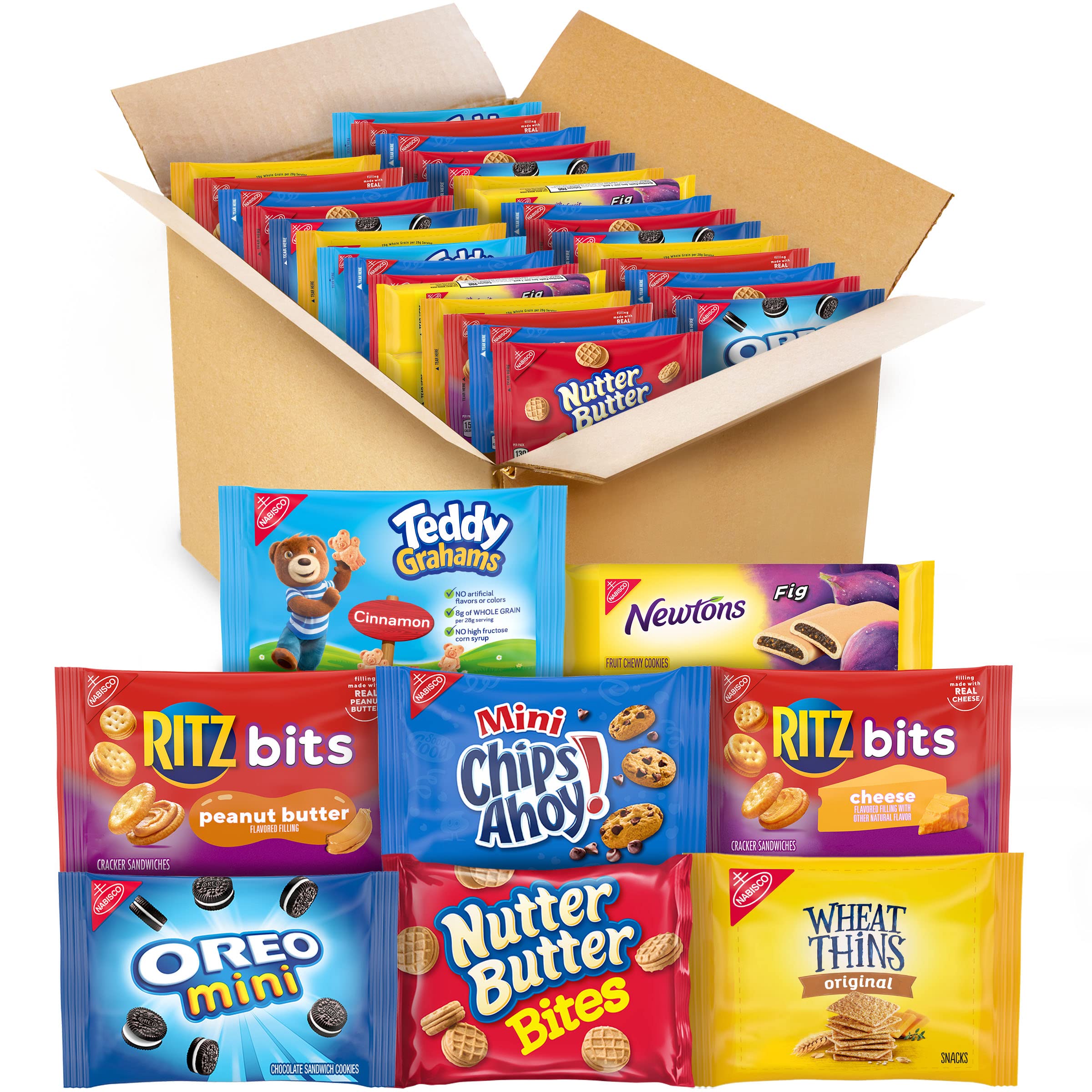 OREO Mini Cookies, CHIPS AHOY! Mini Cookies, Nutter Butter Bites, RITZ Bits Cheese Crackers, RITZ Bits Peanut Butter, Teddy Grahams Cinnamon Snacks, Wheat Thins, Fig Newtons - 48-Pack Variety Snack Box | Perfect for Office Snacks, School Lunches, Parties & Road Trips