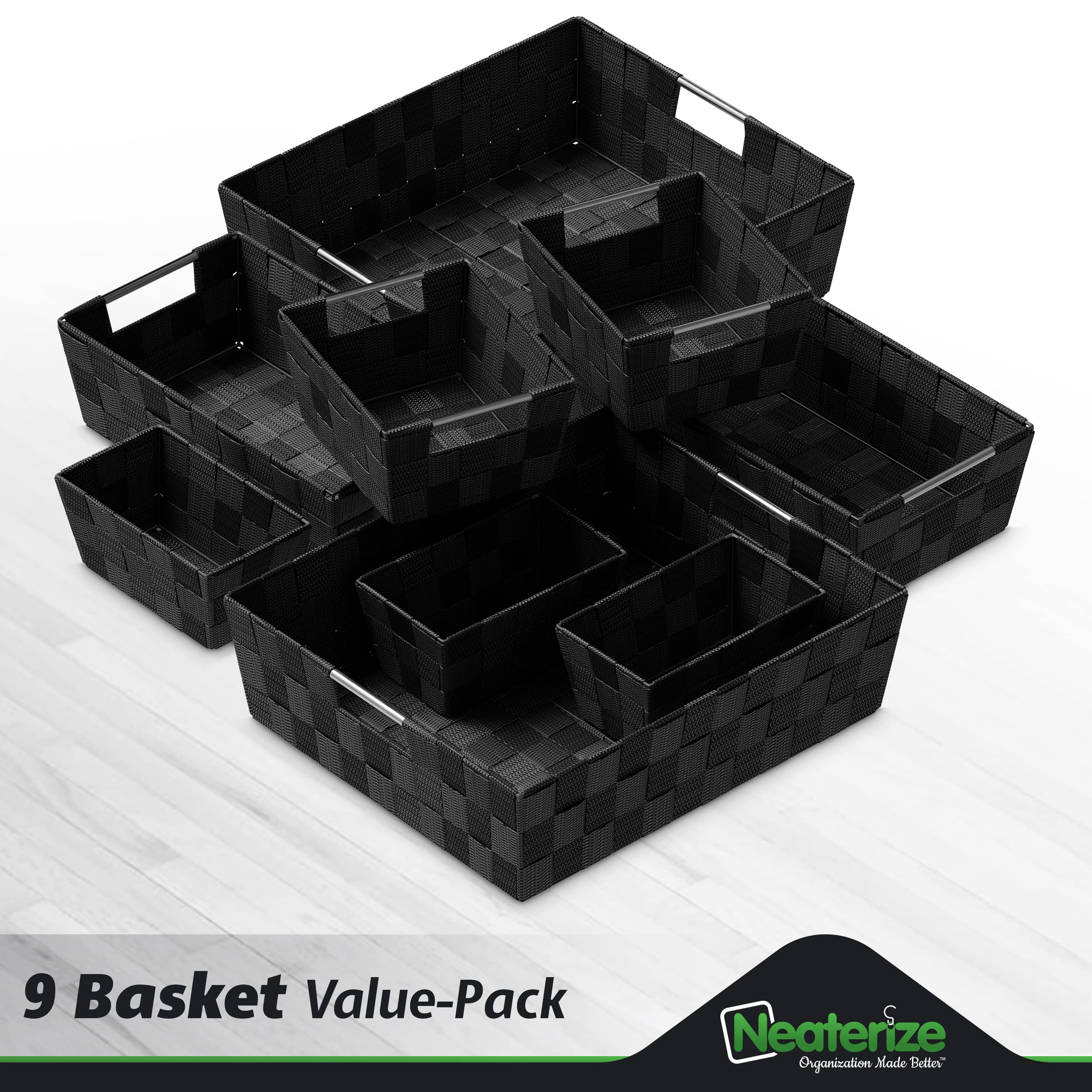 NEATERIZE Closet Organizer Baskets - Set of 9 Black Storage Bins for Laundry, Baby Clothes, Nursery, Linen Closet & Pantry Organization | Perfect for Shelves, Drawers & Home Storage Solutions
