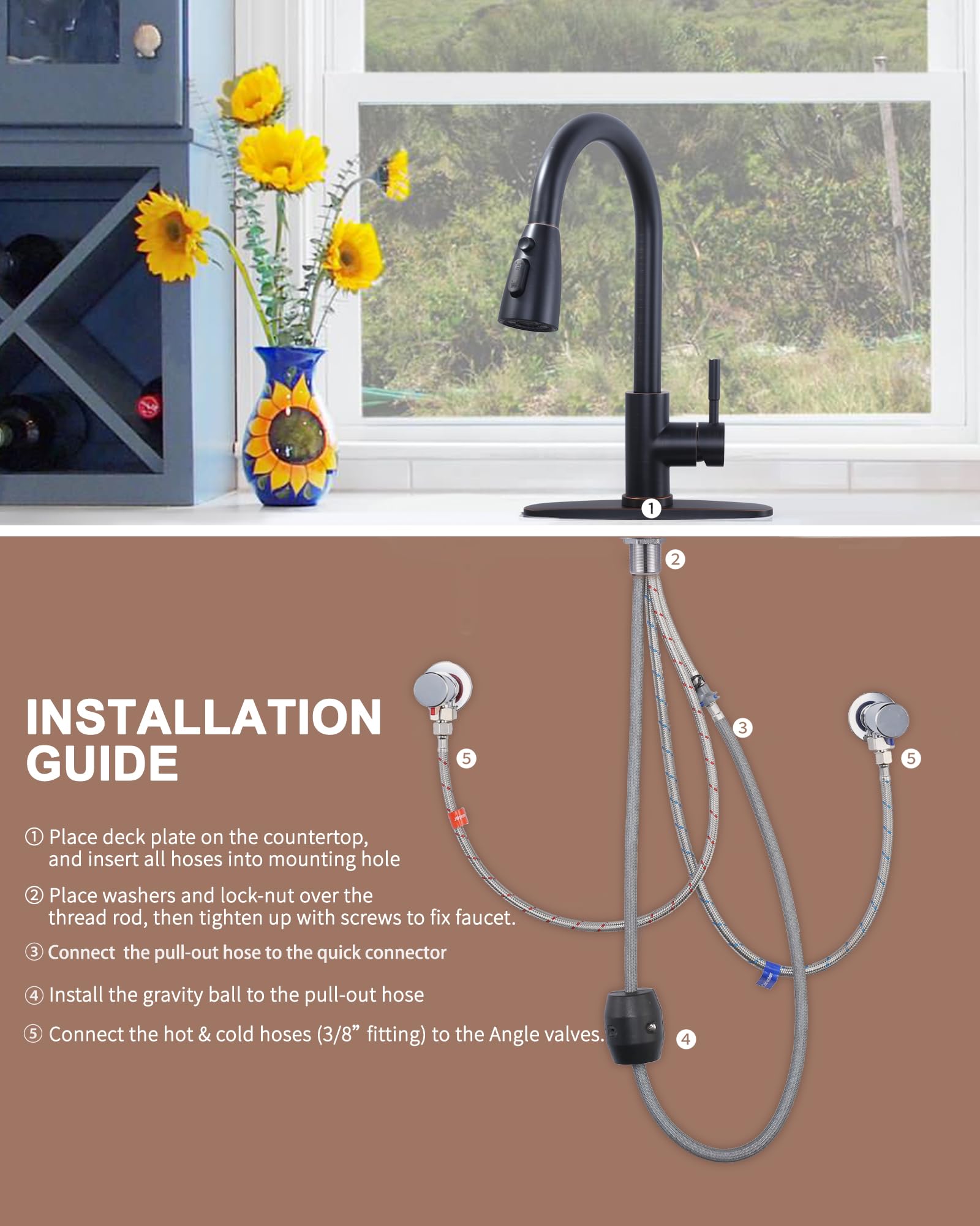 WOWOW Oil Rubbed Bronze High Arc Pull Down Kitchen Faucet with Sprayer - Stainless Steel Sink Faucet for Modern Kitchens | Perfect for Washing Dishes, Filling Pots & Cleaning Vegetables
