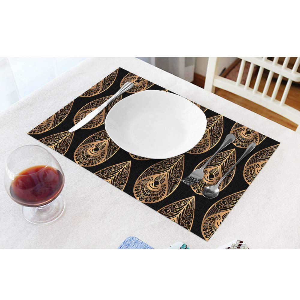 Moslion Peacock Place Mats Set of 4 - Retro Paisley Black Brown Peacock Feather Cotton Linen Table Mats 12x18 Inch for Dining Table, Kitchen, Dinner Party & Home Decor