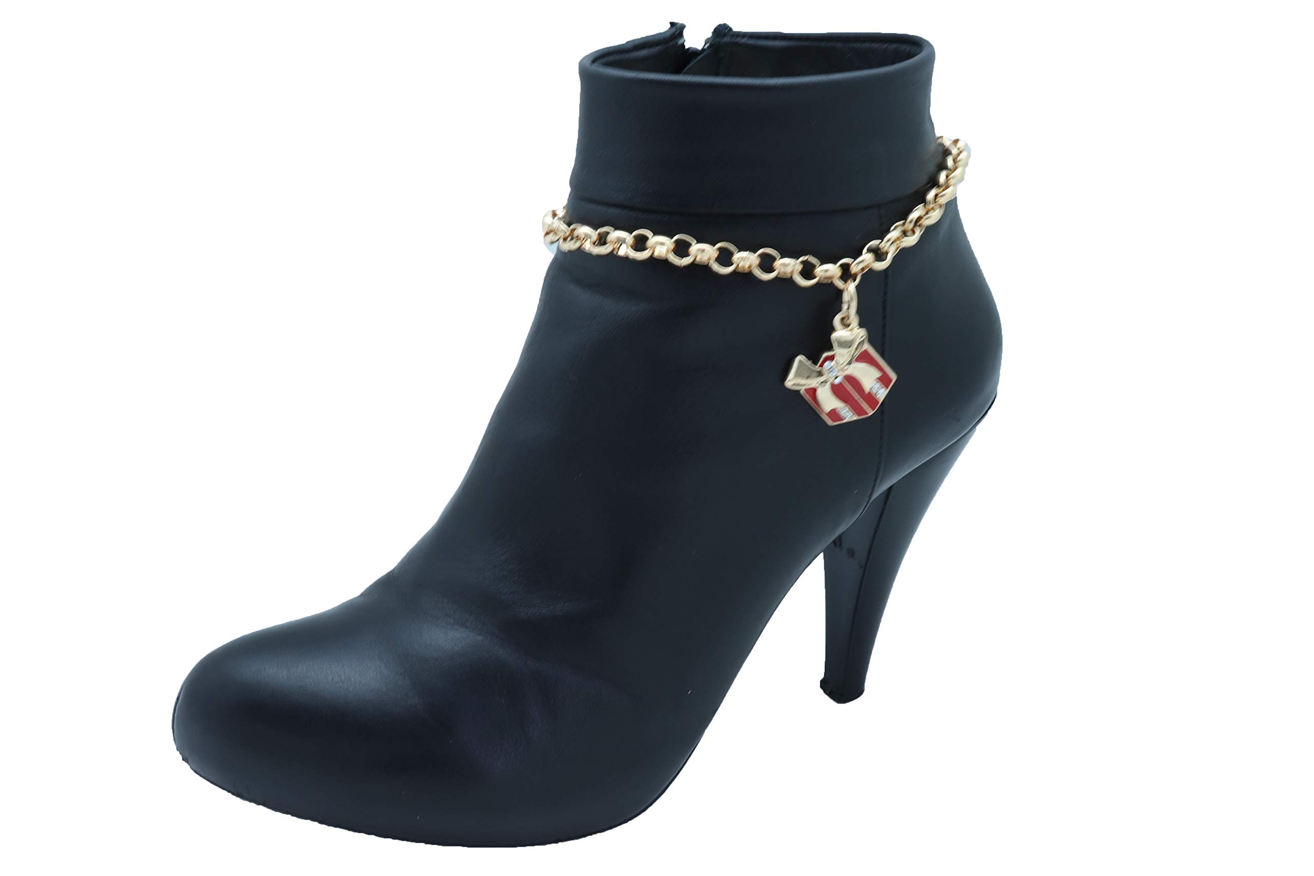 TFJ Women's Western Boot Chain Gold Metal Bling Bracelet Anklet Shoe Charm - Christmas Red Gift Style for Cowgirl Fashion & Holiday Parties