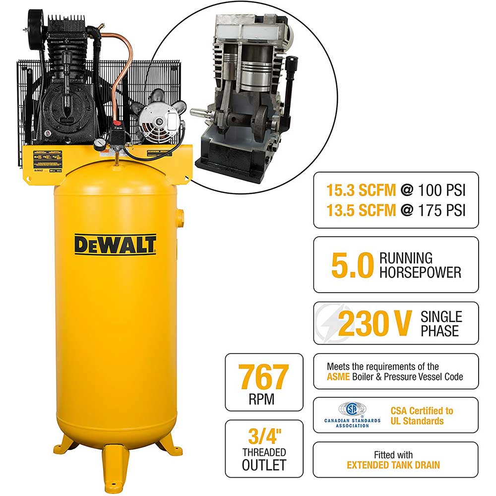 DeWALT DXCMV5076055 60 Gallon 175 PSI Stationary Electric Air Compressor - Heavy Duty Industrial Air Tool for Construction, Woodworking & Automotive Repair