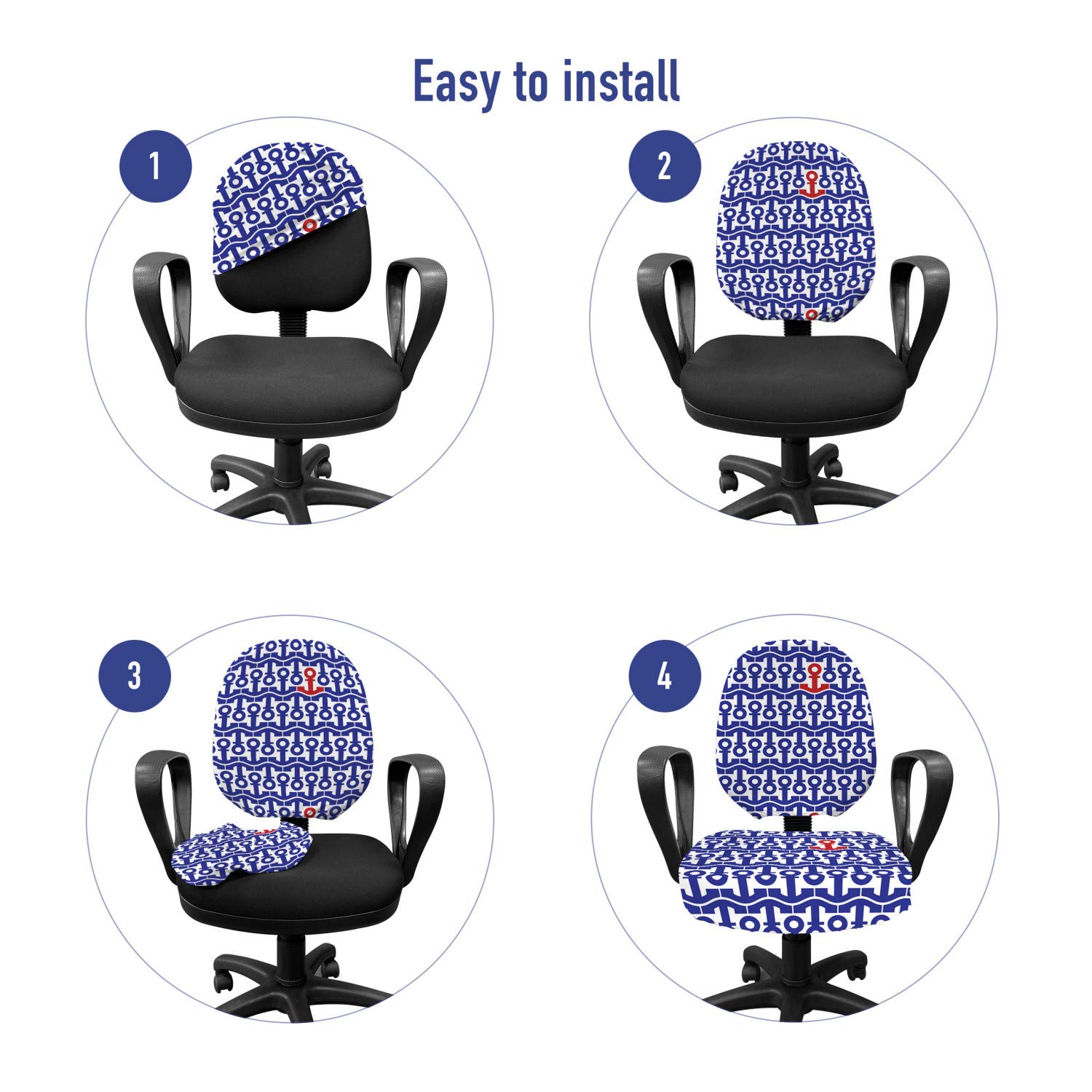 Ambesonne Nautical Office Chair Slipcover - Marine Anchors & Ship Journey Design, Stretchable Washable Fabric Cover for Standard Chairs, Navy Blue & Red - Perfect for Home Office, Gaming Chair, or Boat-Themed Decor