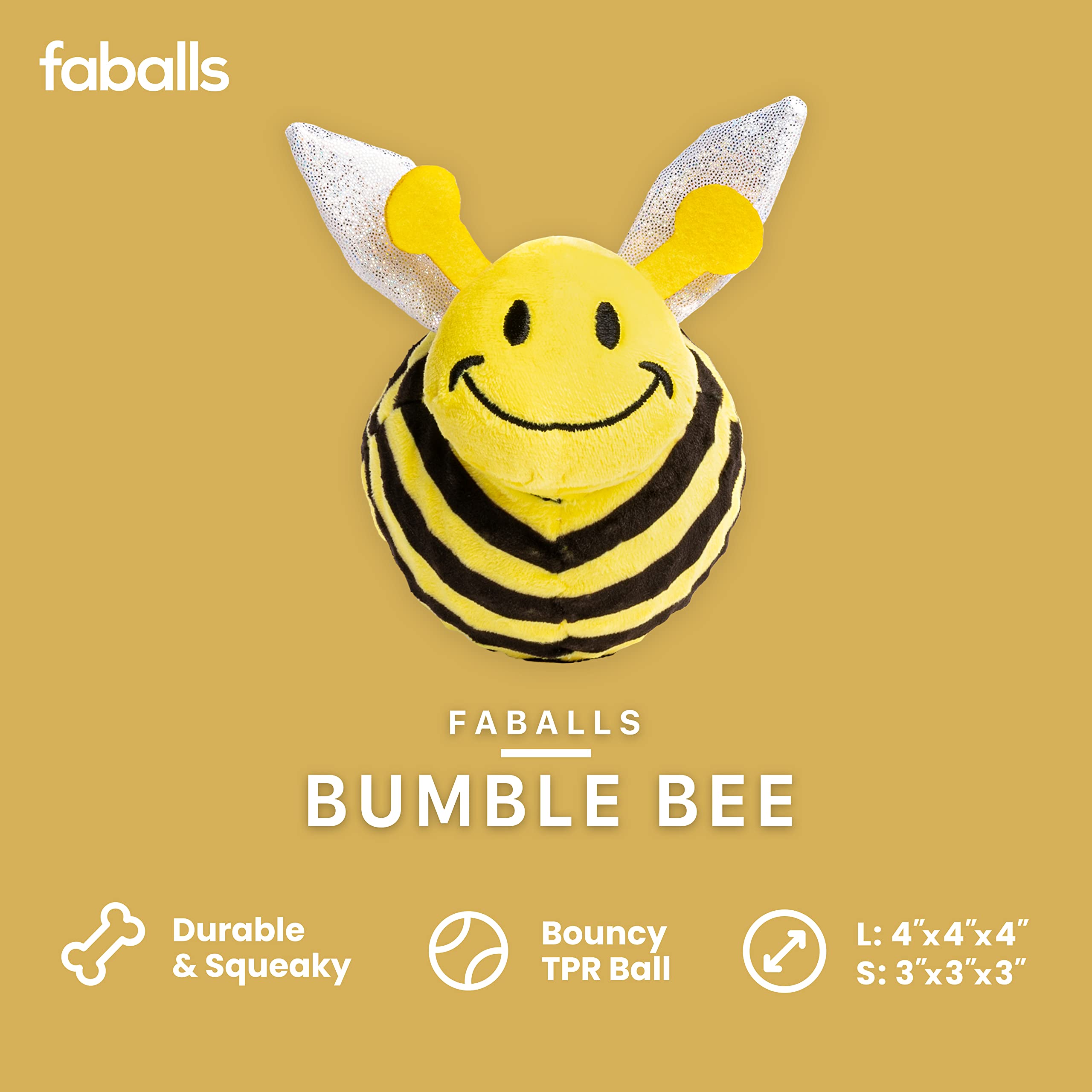 Fabdog Faballs Super Squeaky Durable Dog Ball Toys - Plush Squeak Toy for All Breeds | Bumblebee & Animal-Themed Chew Toys for Large Dogs - Perfect for Fetch, Training & Playtime