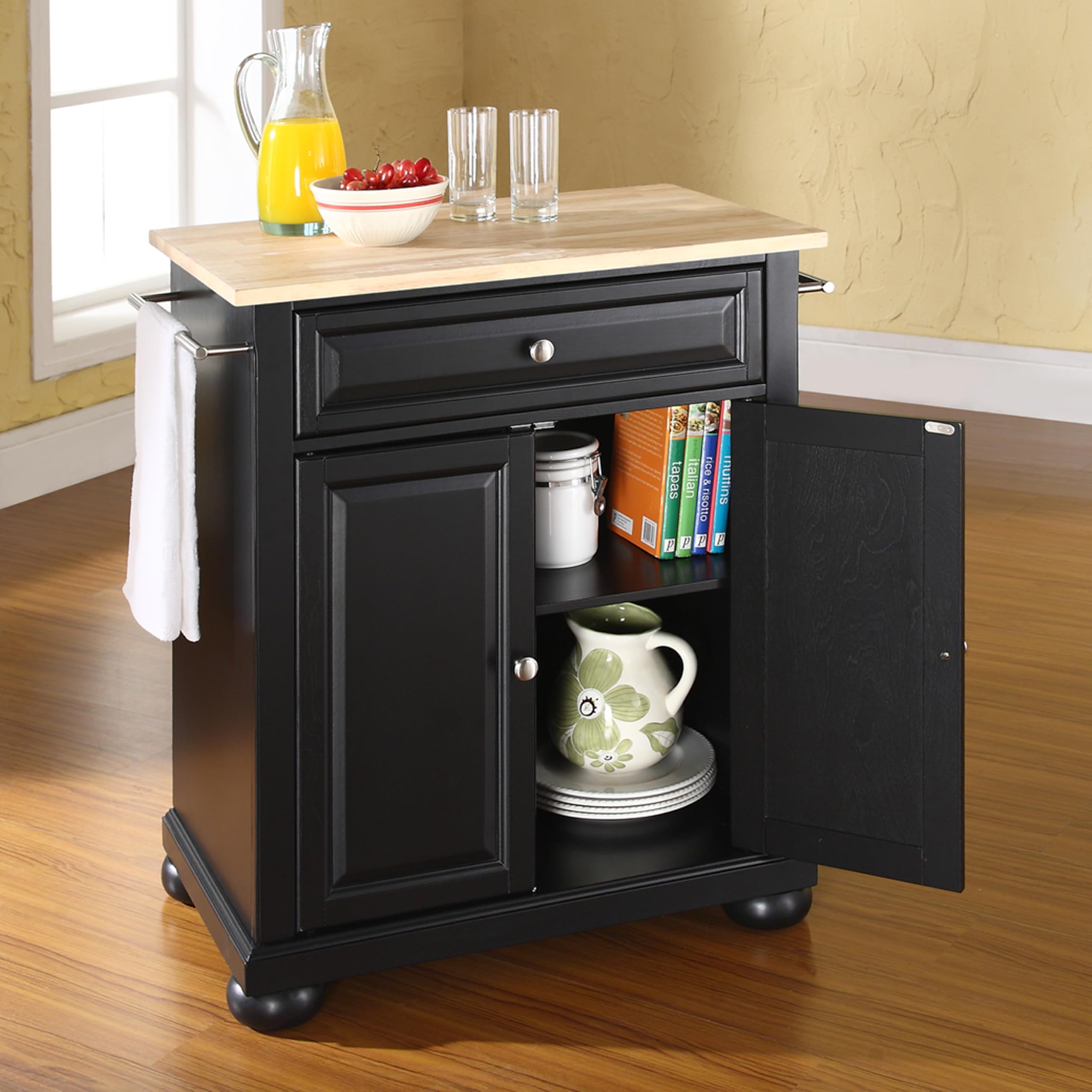 Crosley Alexandria Wood Top Portable Kitchen Island Cart with Wheels - Microwave Stand, Storage Cabinet for Small Spaces, Black - Perfect for Apartments, Dorms & Compact Kitchens