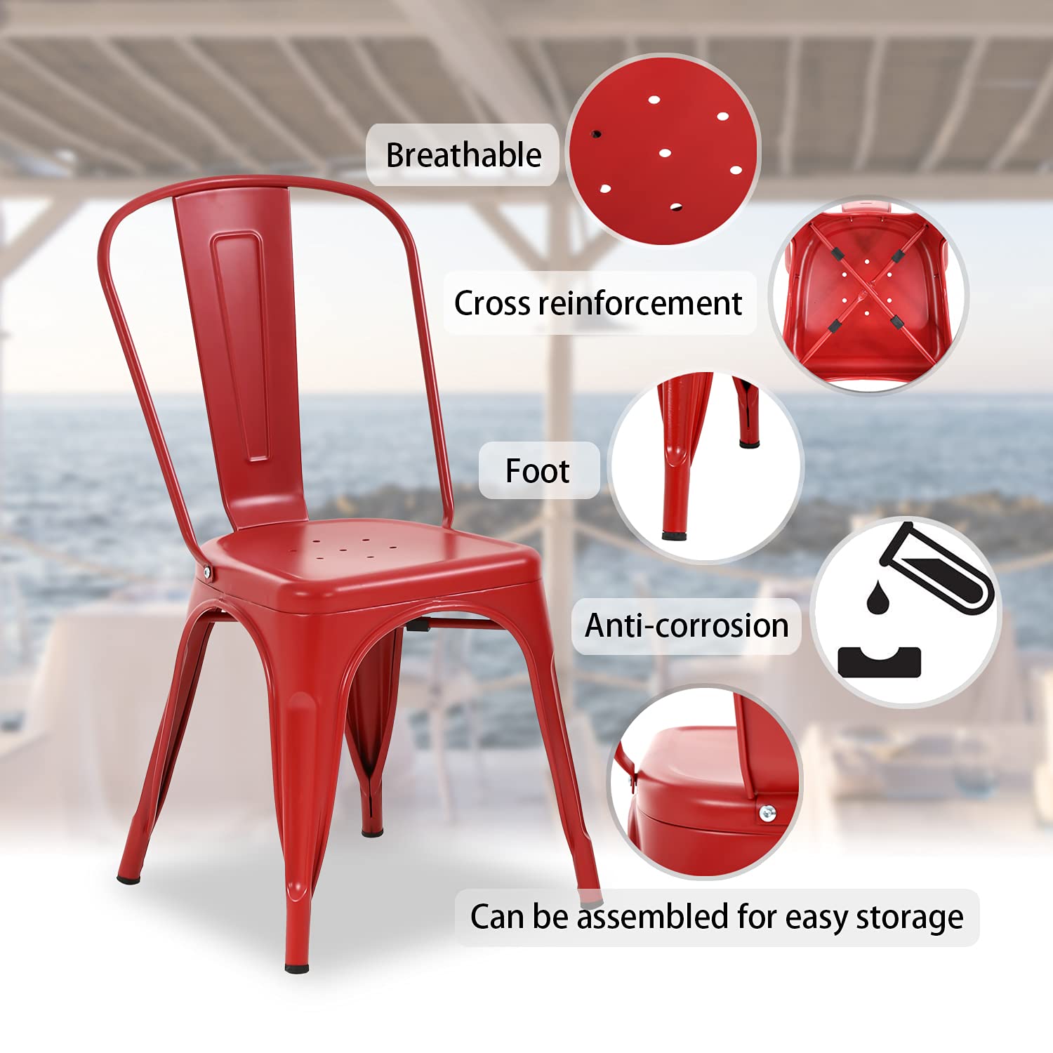 4 Pack Metal Dining Chairs - Indoor/Outdoor Stackable Kitchen & Patio Chairs with Back Support, 330 lbs Weight Capacity (Red) - Perfect for Restaurants, Cafes, Backyards and Home Dining Rooms