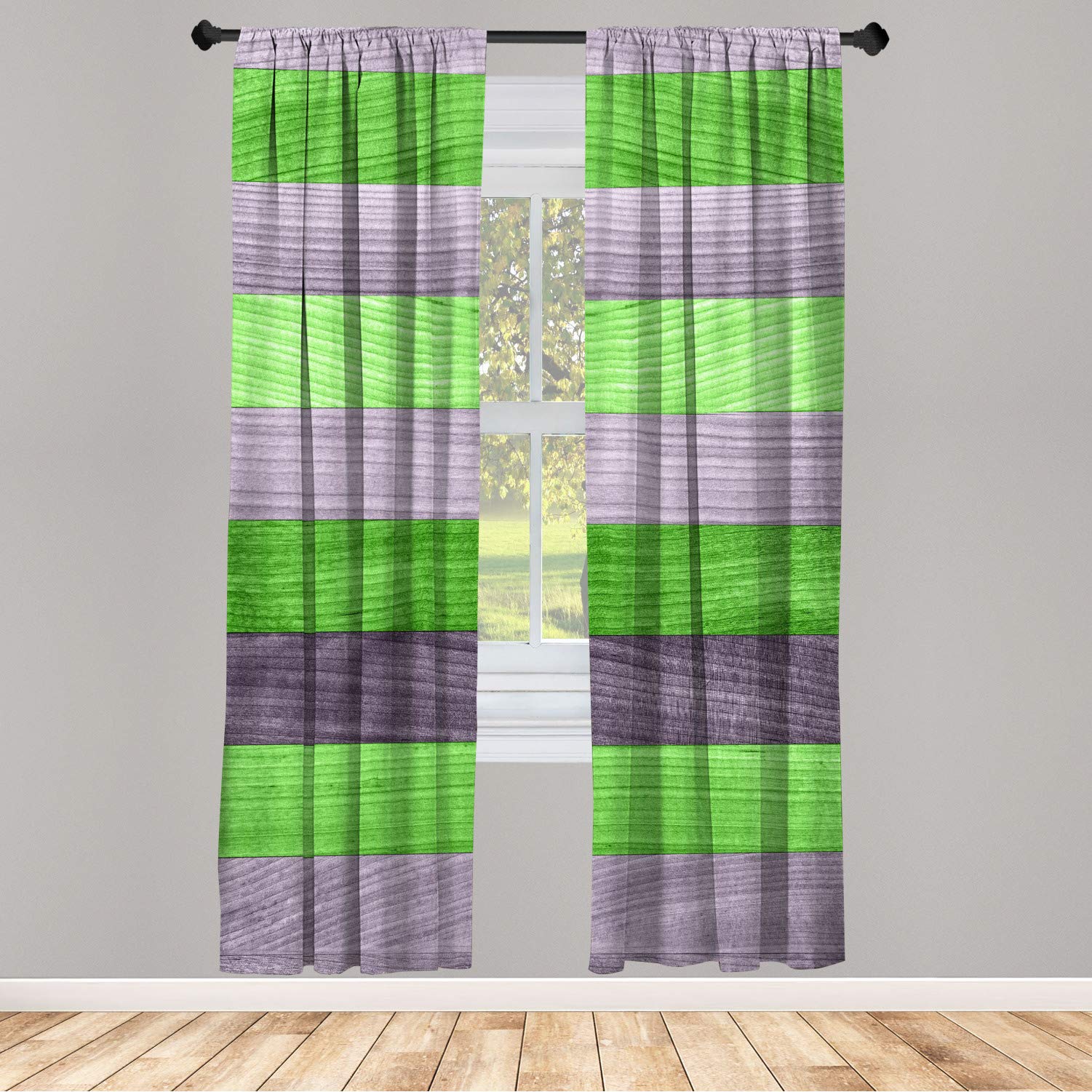 Ambesonne Rustic Window Curtains - Lightweight Decorative 2-Panel Set with Rod Pocket, Painted Wood Board Horizontal Lines Design in Grey Pink, 28