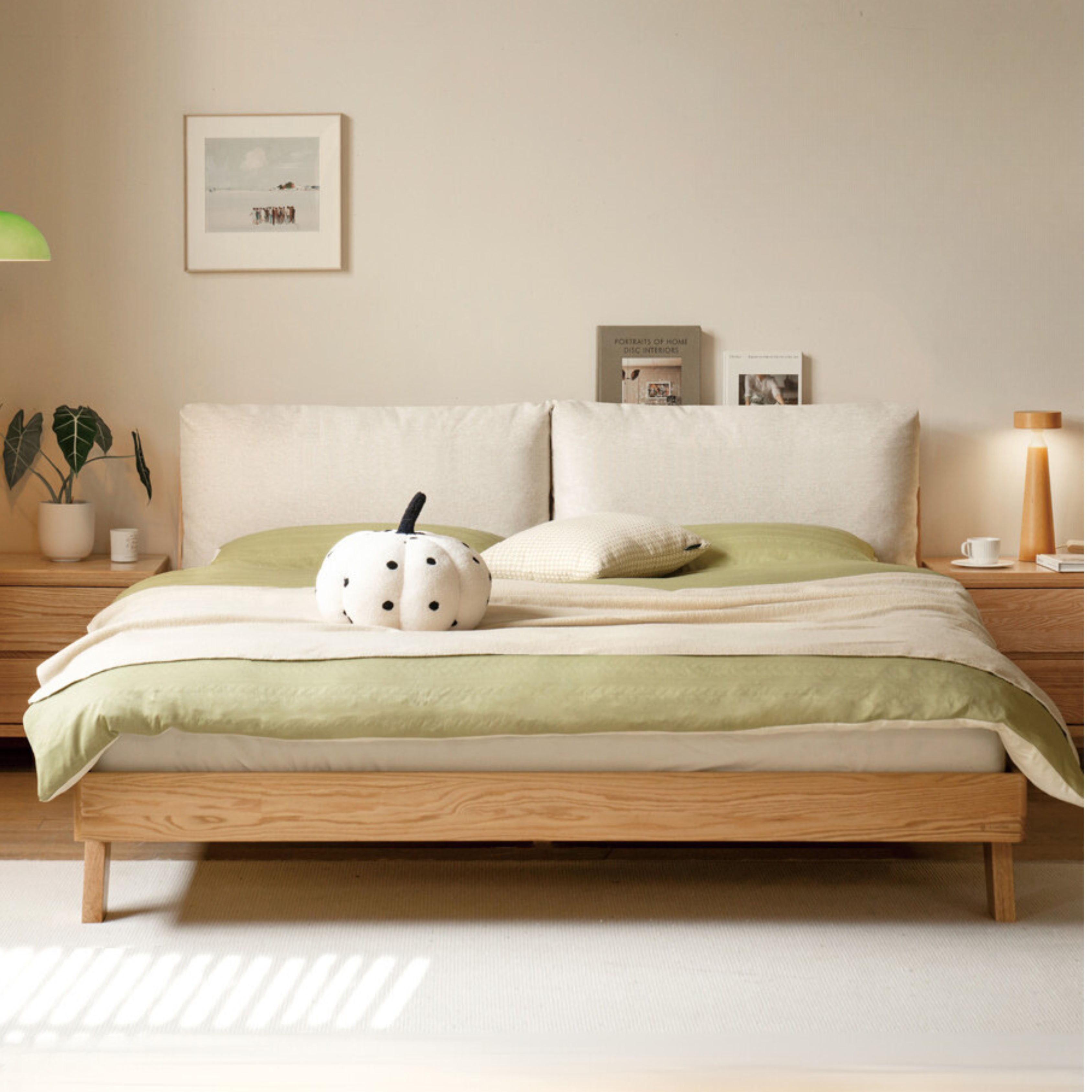 Solid Oak Wood Soft Bed Frame - Queen Size, Sturdy & Comfortable for Master Bedroom or Guest Room