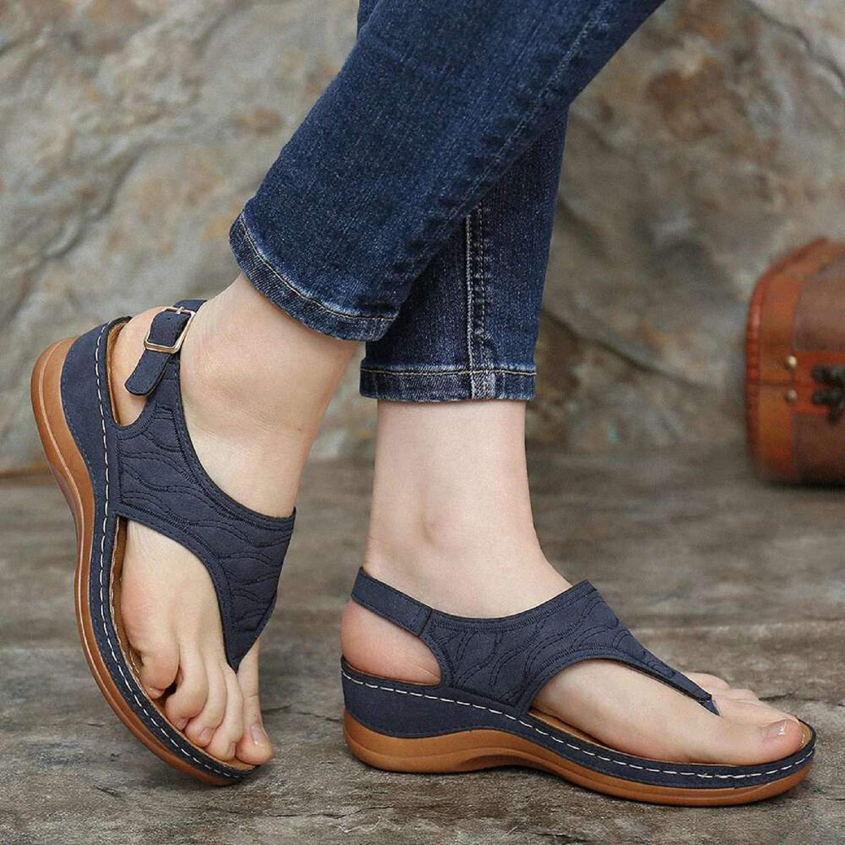 Women's Orthopedic Sandals with Arch Support - Comfortable Slip-On Thong Flip Flops for Summer | Blue Size 10 | Perfect for Walking, Travel & Beach Outings