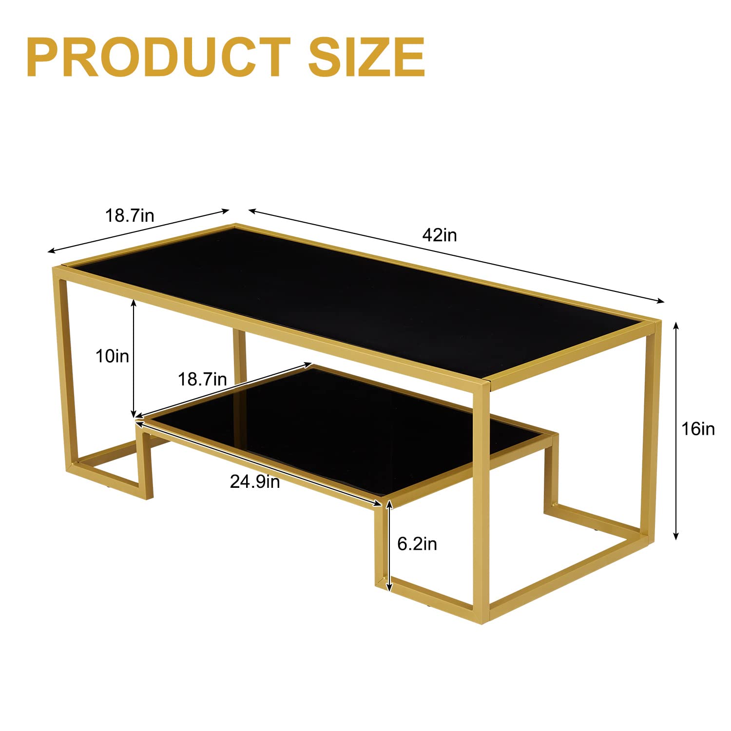 Modern Brass Accent Coffee Table with Storage Shelf - 2-Tier Tempered Glass Center Table for Living Room, Office & Waiting Areas - Black & Gold Finish - Perfect for Small Spaces, Home Decor & Hospitality Settings