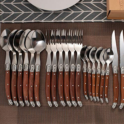 24-Piece Laguiole Steak Knives Set - Stainless Steel Western Cutlery with Wooden Handles - Includes Forks, Spoons & Steak Knives - Elegant Dinnerware for Fine Dining & Entertaining - Perfect for Restaurants, Weddings & Special Occasions