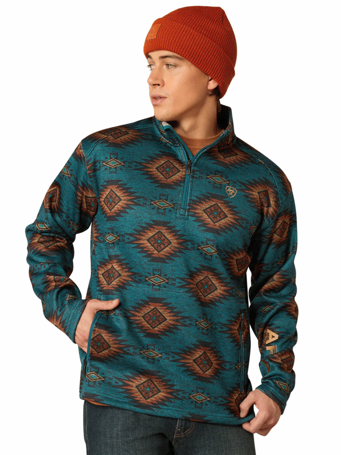 Ariat Men's Caldwell Logo Sweater - Blue Coral Southwest Style Pullover for Casual Wear & Outdoor Activities