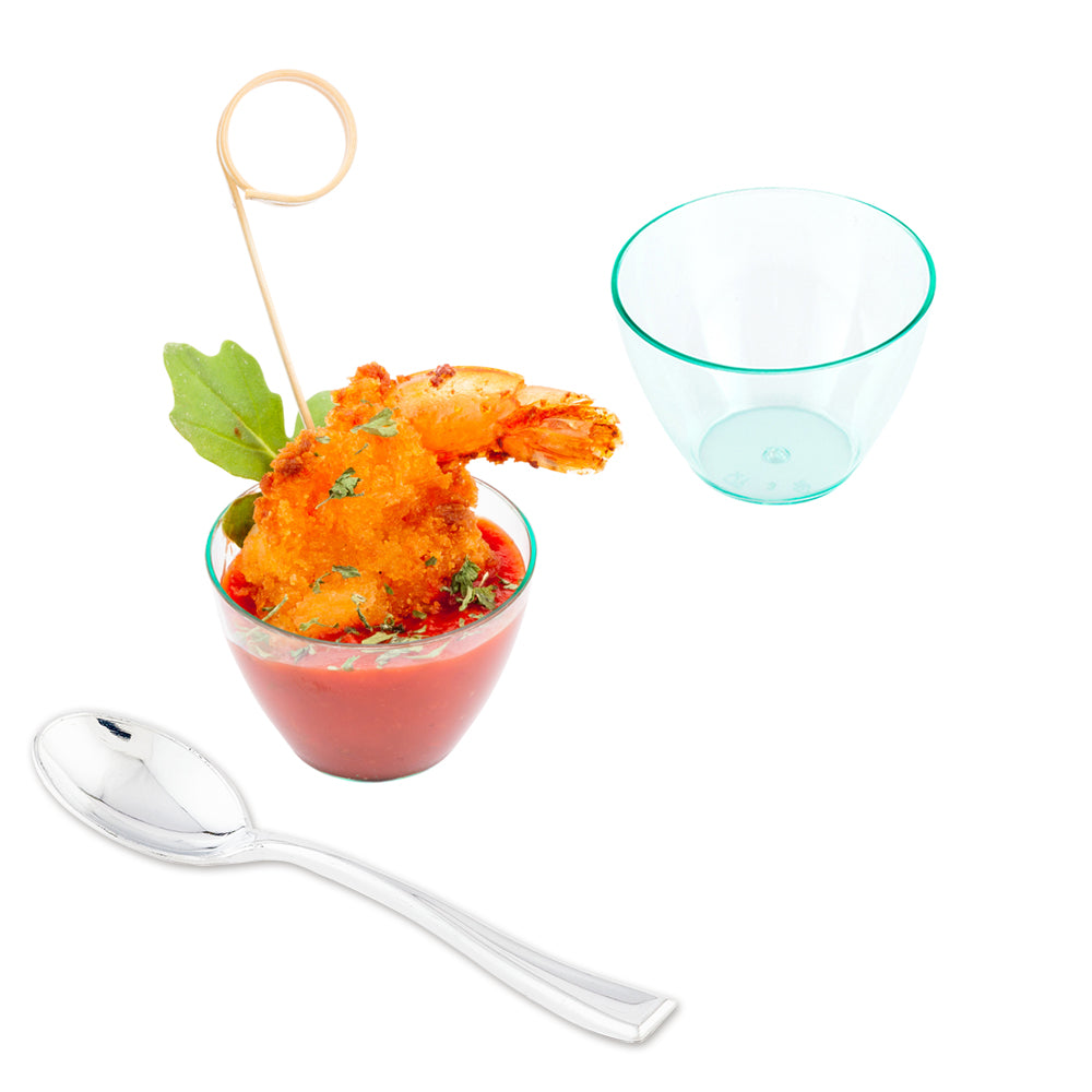100-Pack 2 oz Seagreen Plastic Mini Tasting Bowls with 100 Silver Plastic Mini Spoons - Perfect for Ice Cream, Desserts, Parties & Catering Events
