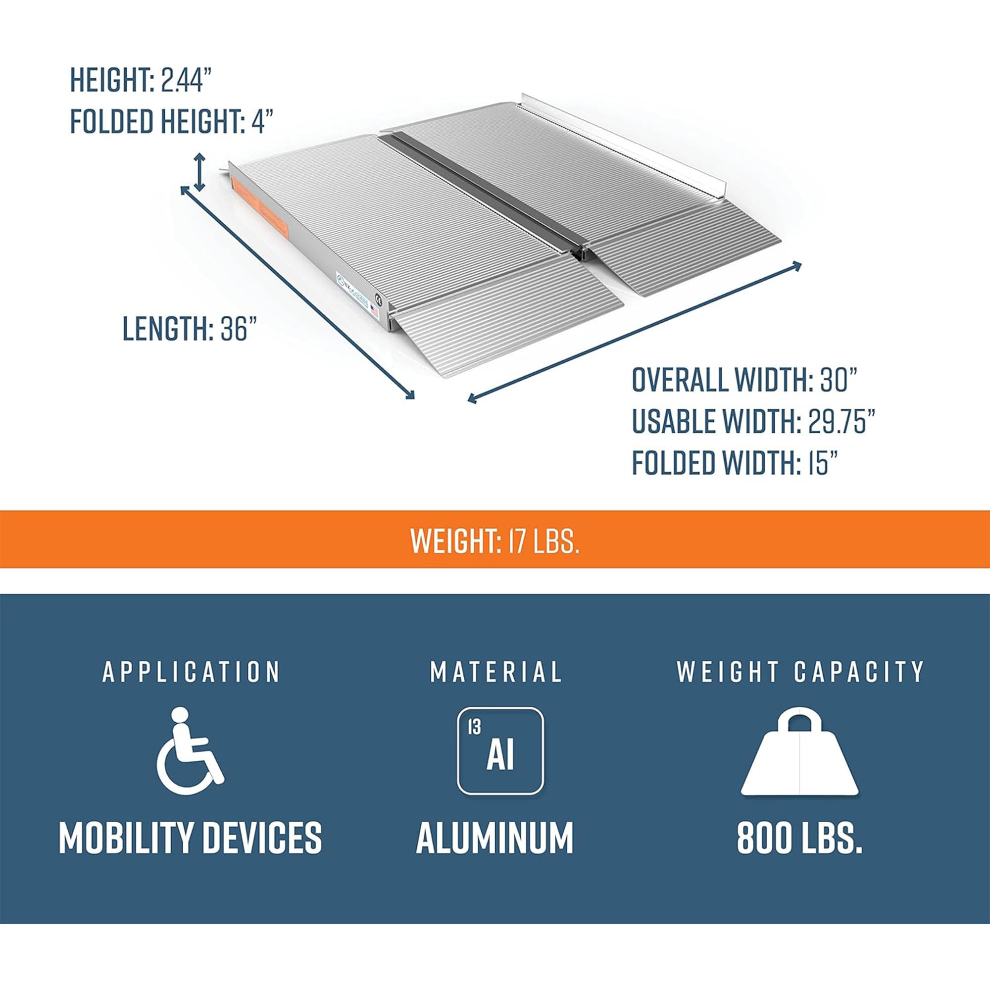 EZ-ACCESS 3ft x 30in Portable Singlefold Wheelchair Ramp with Ergonomic Handles & Anti-Slip Tread | Lightweight Aluminum Mobility Ramp for Home Entry, Vehicles & Threshold Access