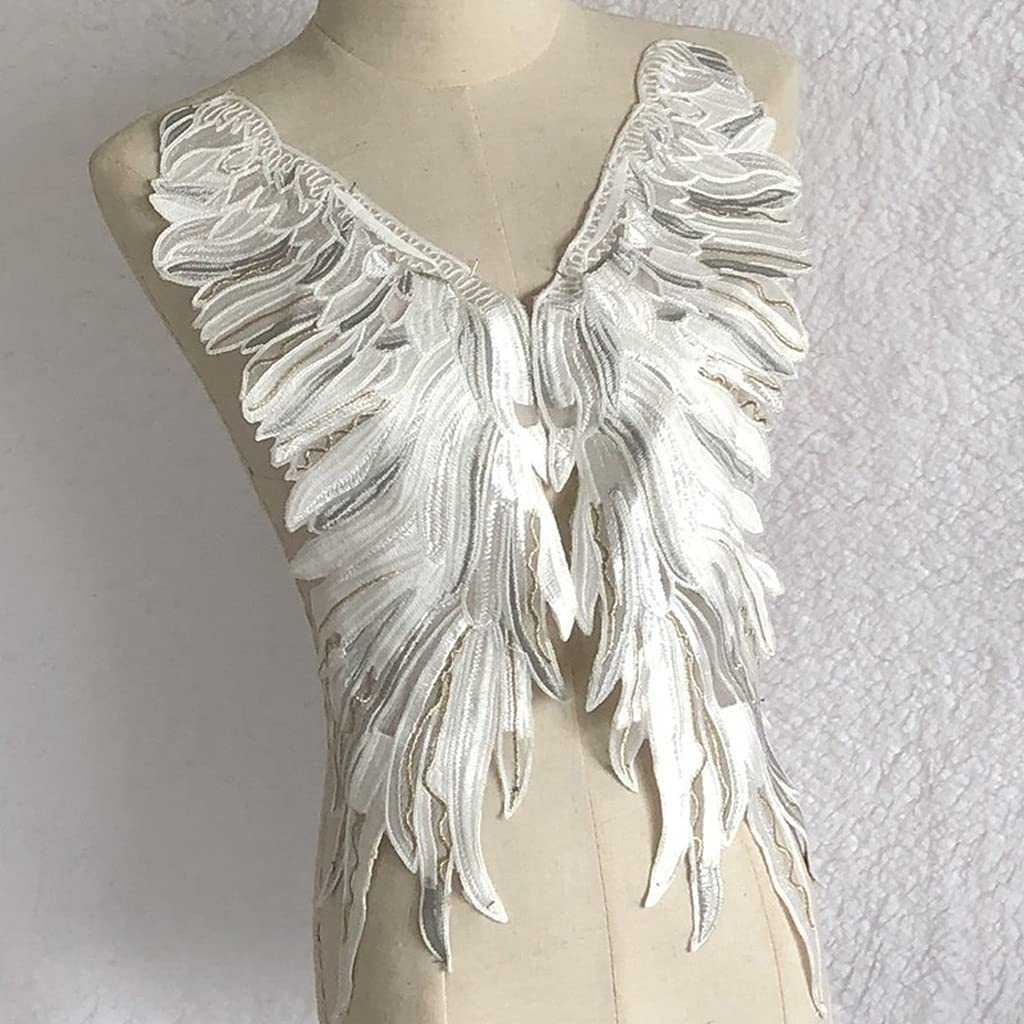 TWDYC 1 Pair White Embroidered Angel Wings Patch - DIY Shoulder Decorations Lace Applique for Halloween Costume, Cosplay & Renaissance Fair Outfits