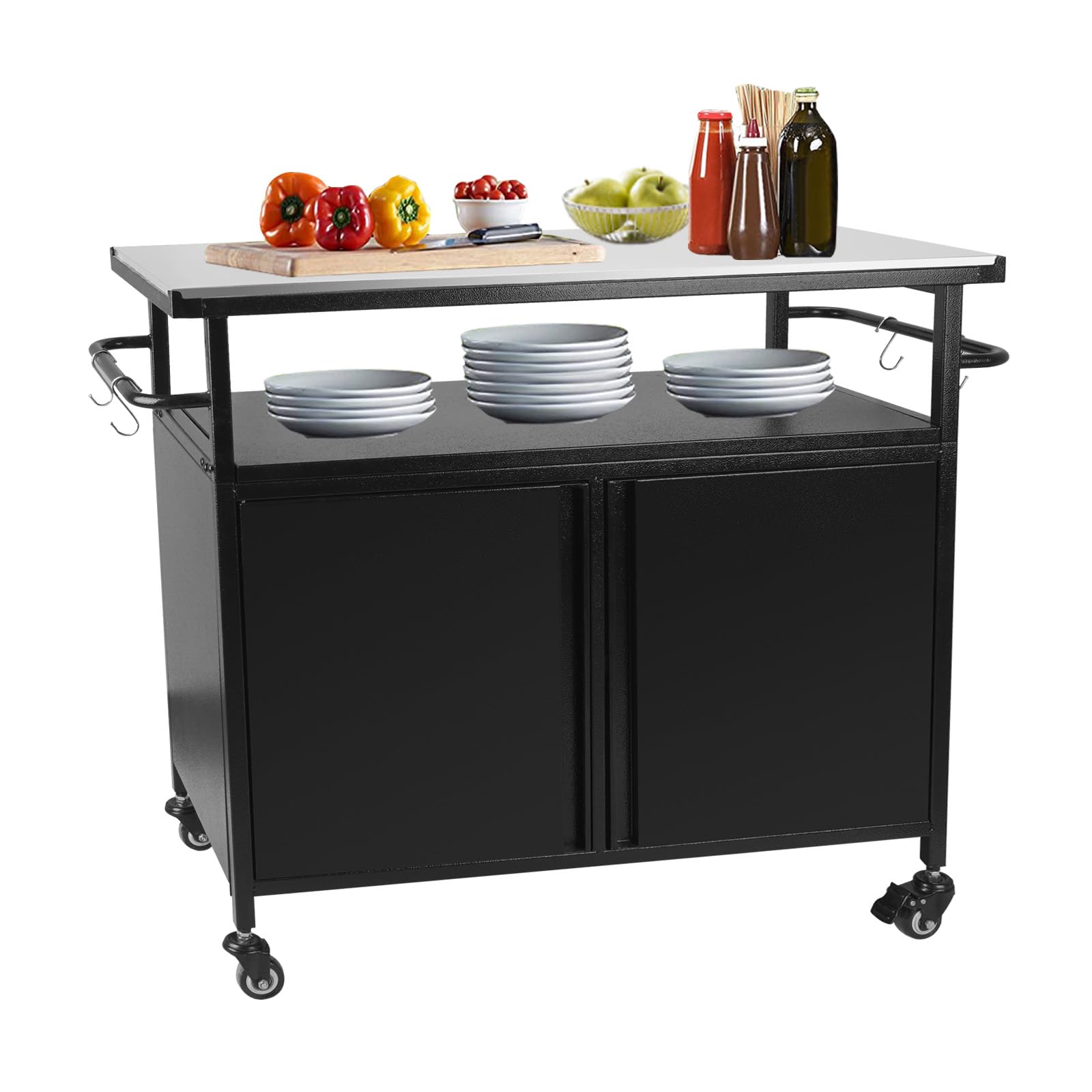 Karpevta Stainless Steel Grill Table with Storage & Wheels - Portable Outdoor Kitchen Cart Island with Prep Countertop - Multi-Functional BBQ Cart for Patio, Backyard & Camping - Perfect for Grilling, Food Preparation & Outdoor Entertaining